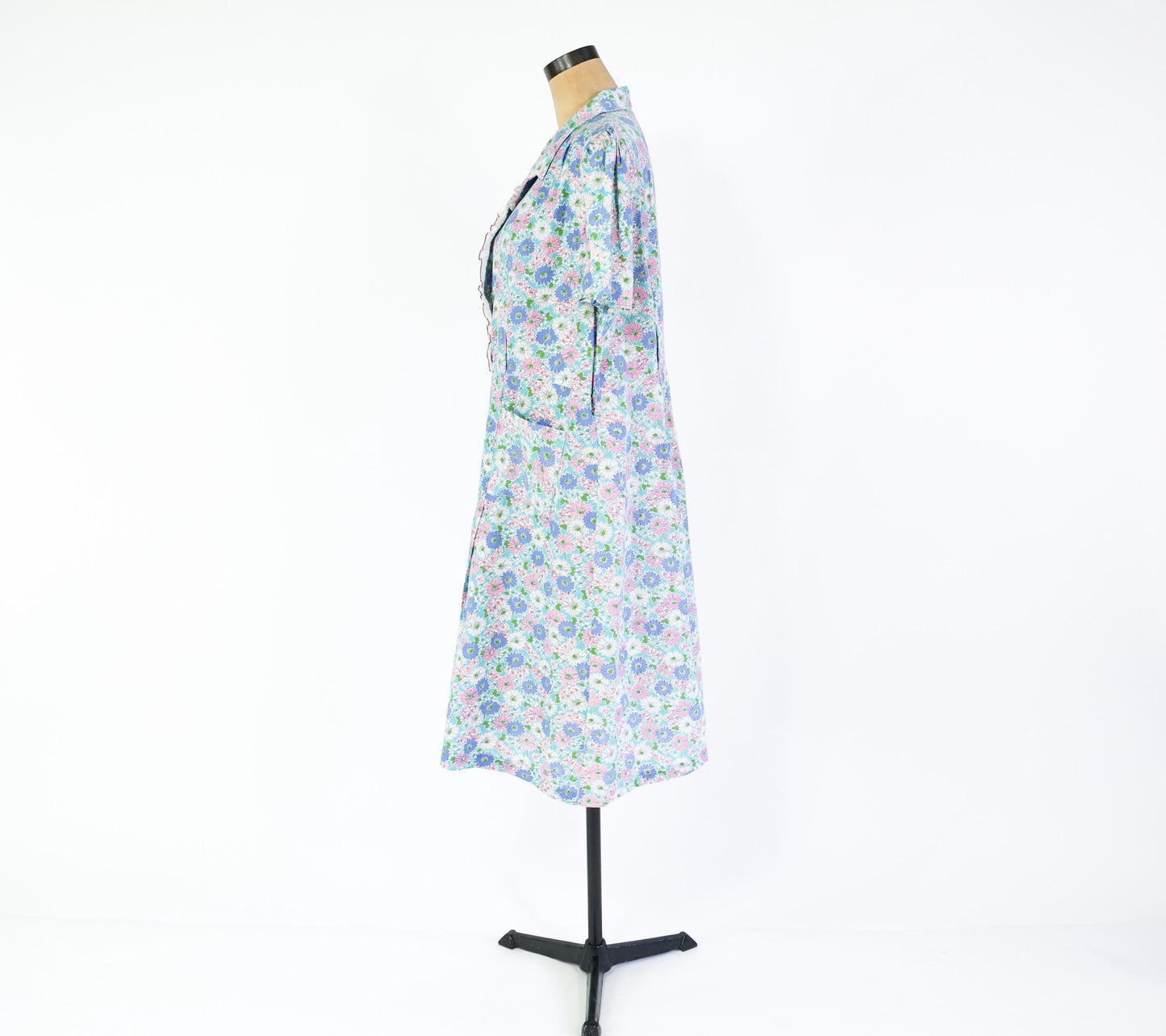 1940s Blue Pink Floral Cotton Day Dress, 40" Waist