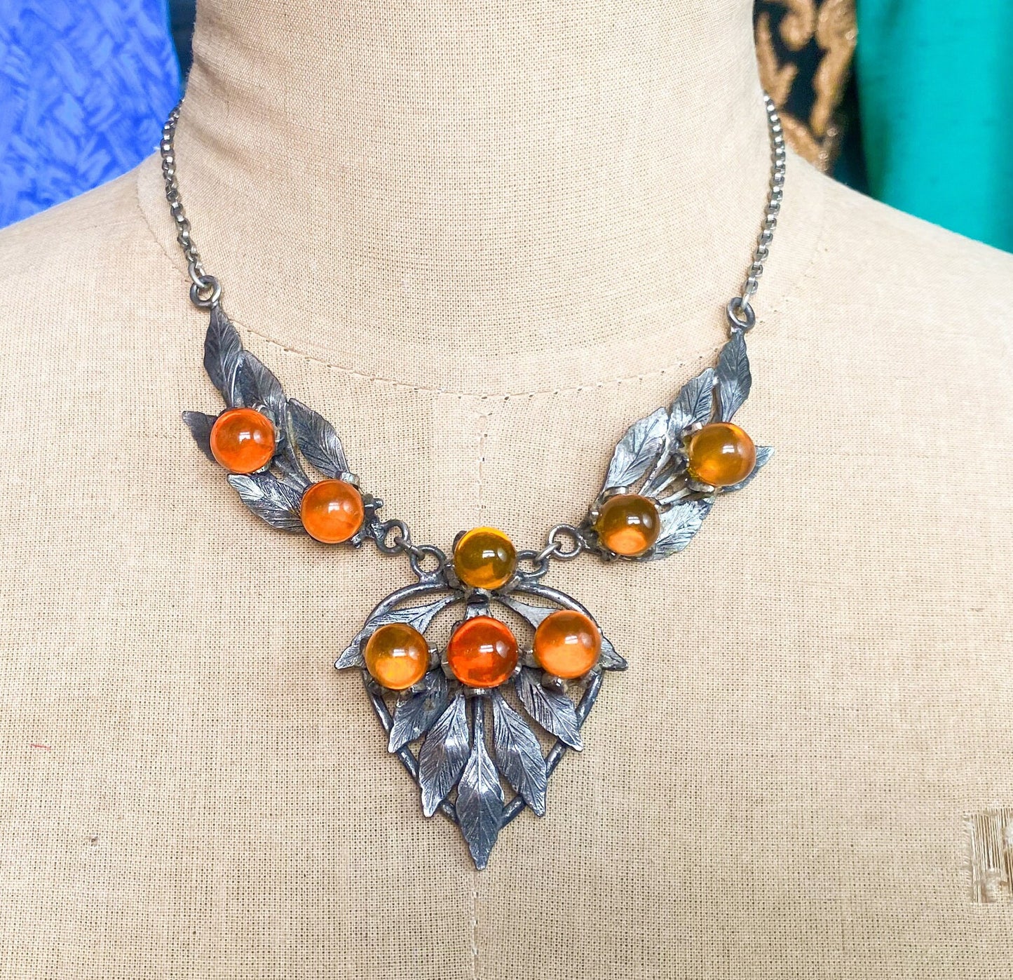 1930s Silver Leaves Necklace | Vintage Pendant with Brown Berries
