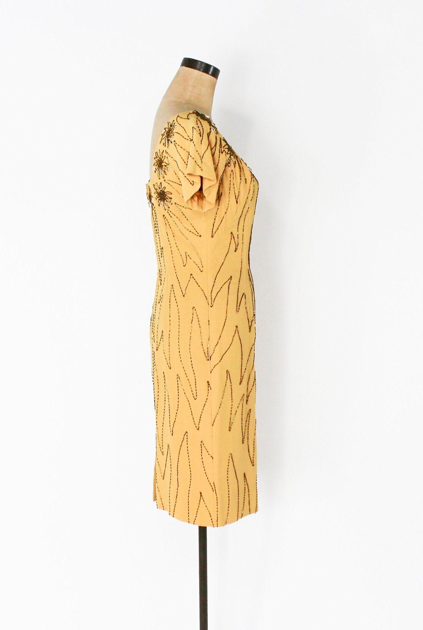 1950s Yellow Beaded Cocktail Dress, Small