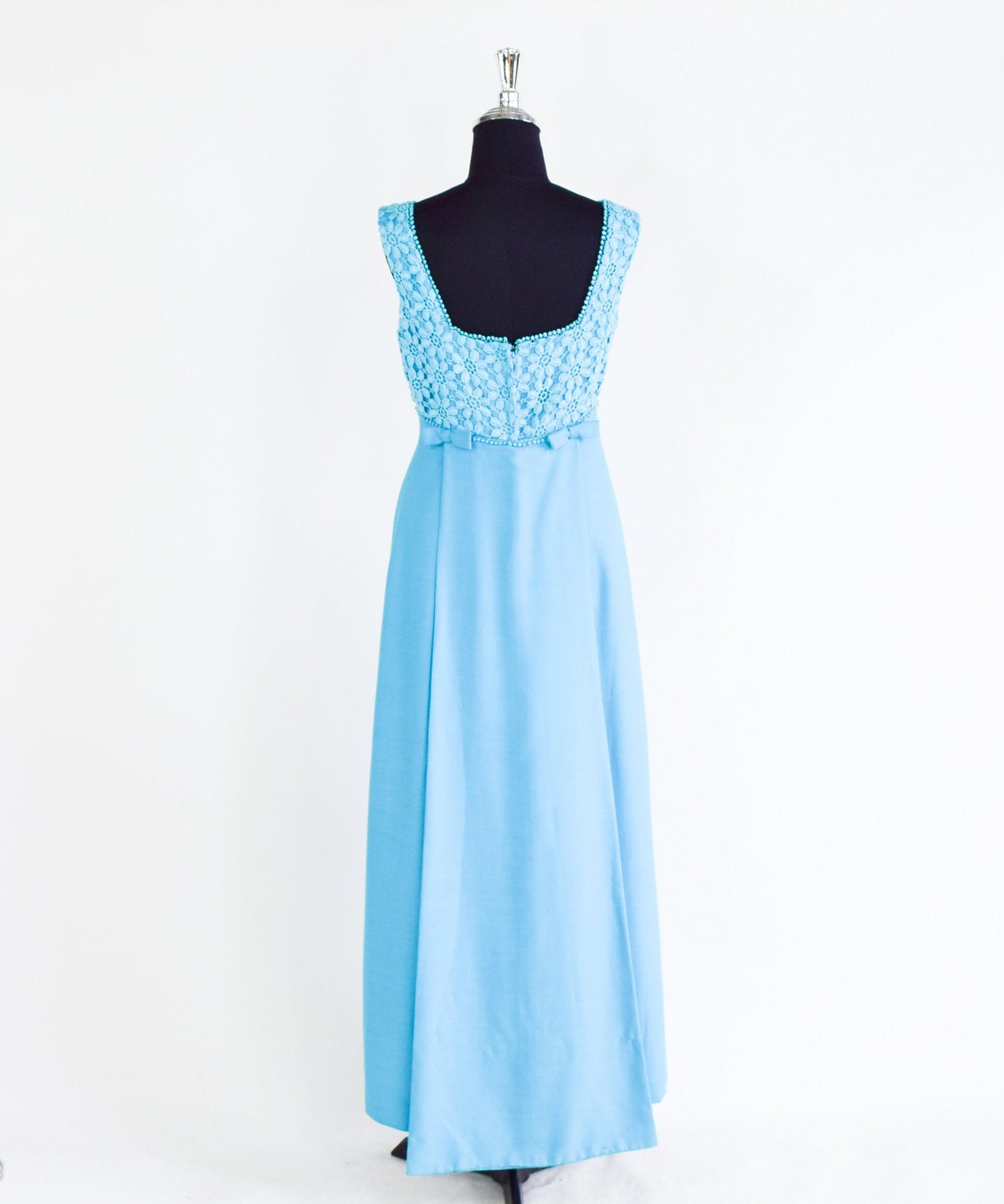 1960s Turquoise Blue Prom Dress | 60s Cotton Flower Lace Top Maxi Dress | XS