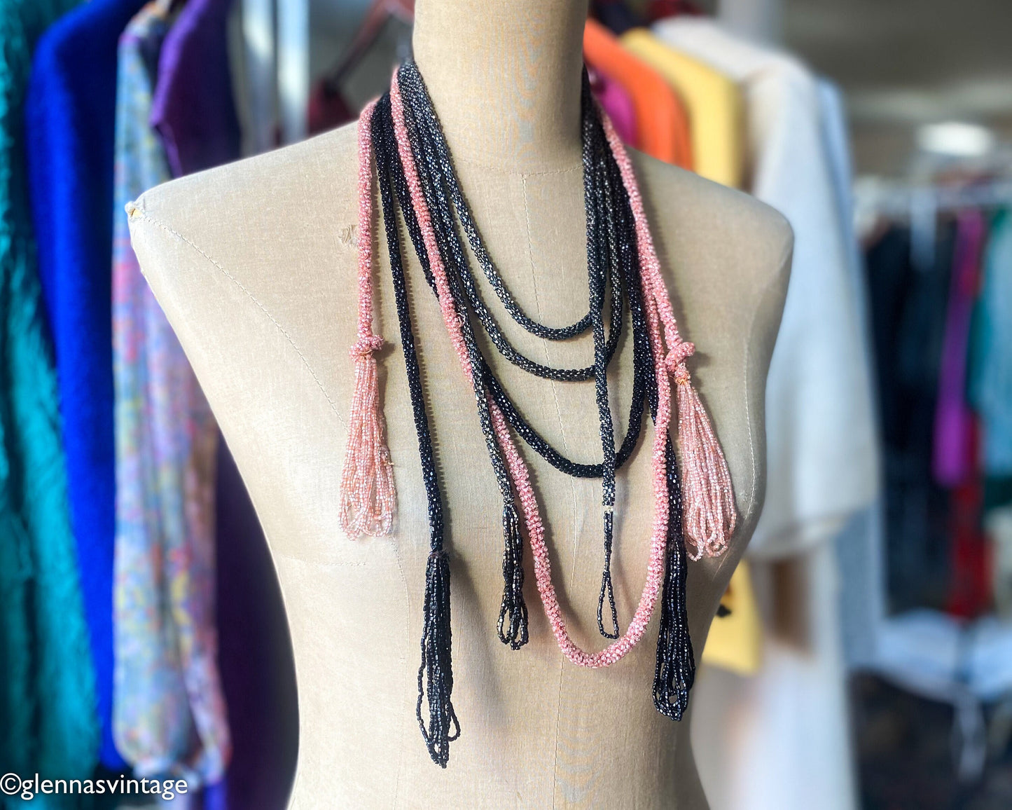 1920s  Pink Glass Bead Necklace | 20s Pink Beads Lariat Necklace | Flapper | Downton Abby | Gatsby