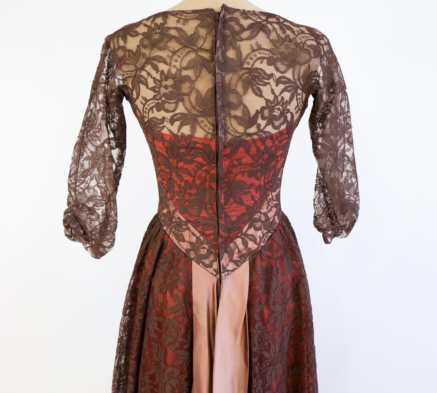 1950s Brown & Pink Lace Party Dress, Small