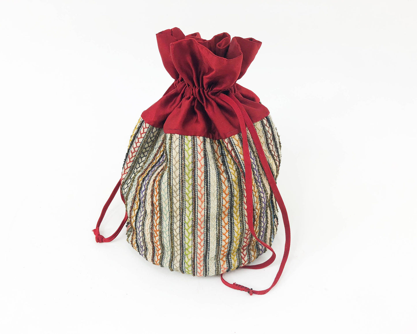 1900s Red Silk Embroidery Pouch, Drawstring Handbag