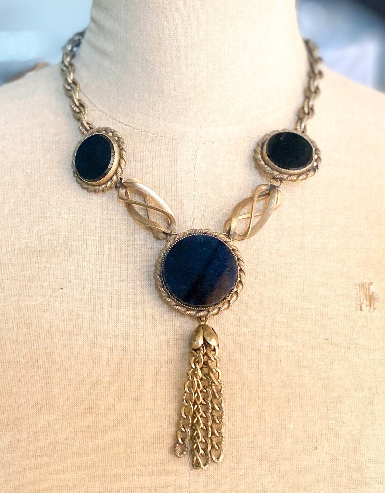 1940s Brass & Glass Pendant Necklace, Gold Black Necklace