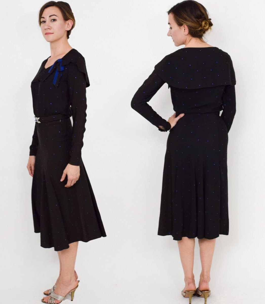 1930s Black Silk Crepe Dress with Rhinestone Collar, Small