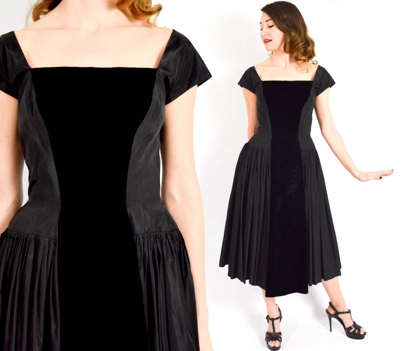 1950s Black Velvet Taffeta Cocktail Dress, Medium