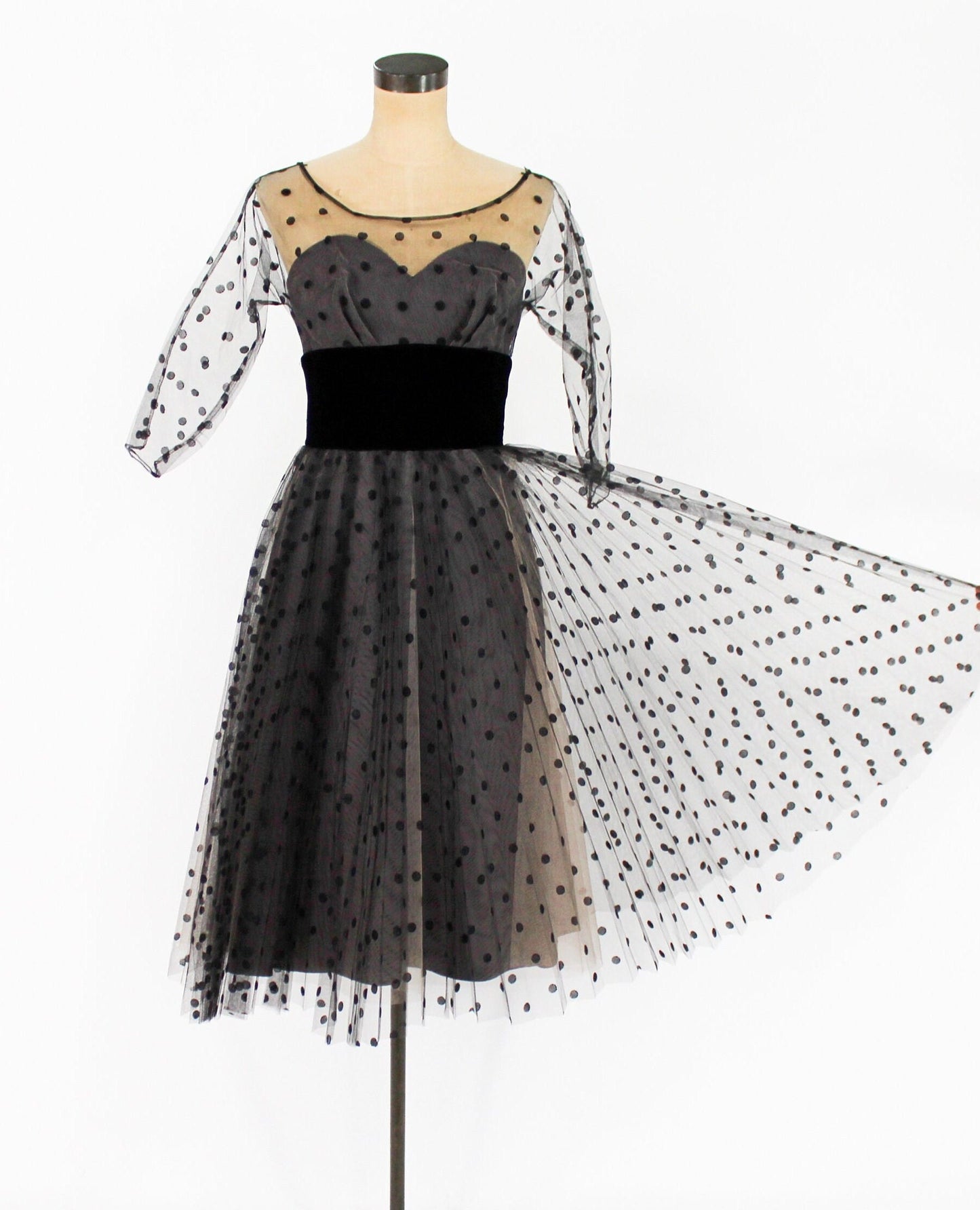 1950s Black Polka Dot Party Dress | 50s Black Tulle Cocktail Dress | Old Hollywood | X Small