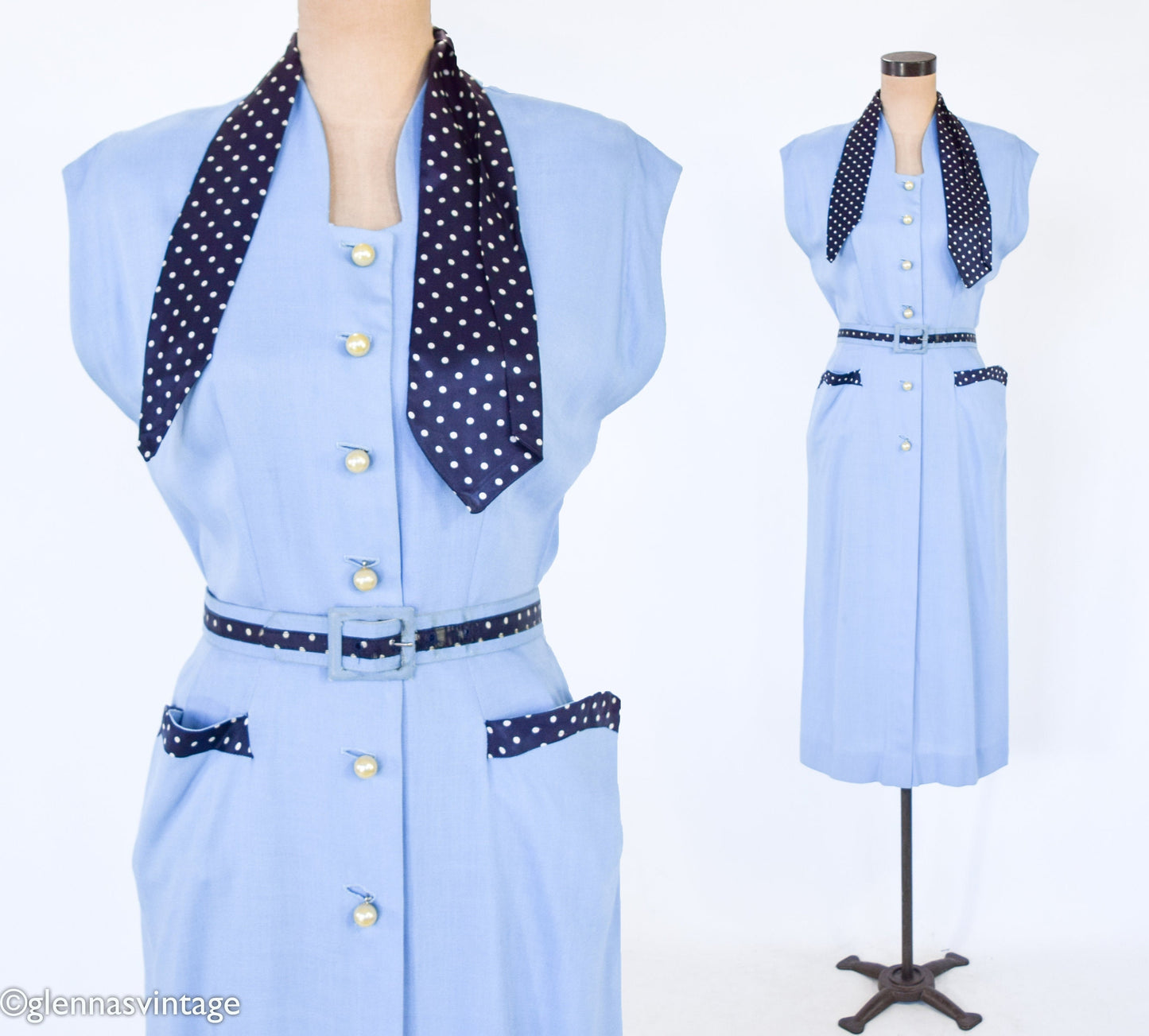 1950s Blue Cotton Sheath Dress, Medium