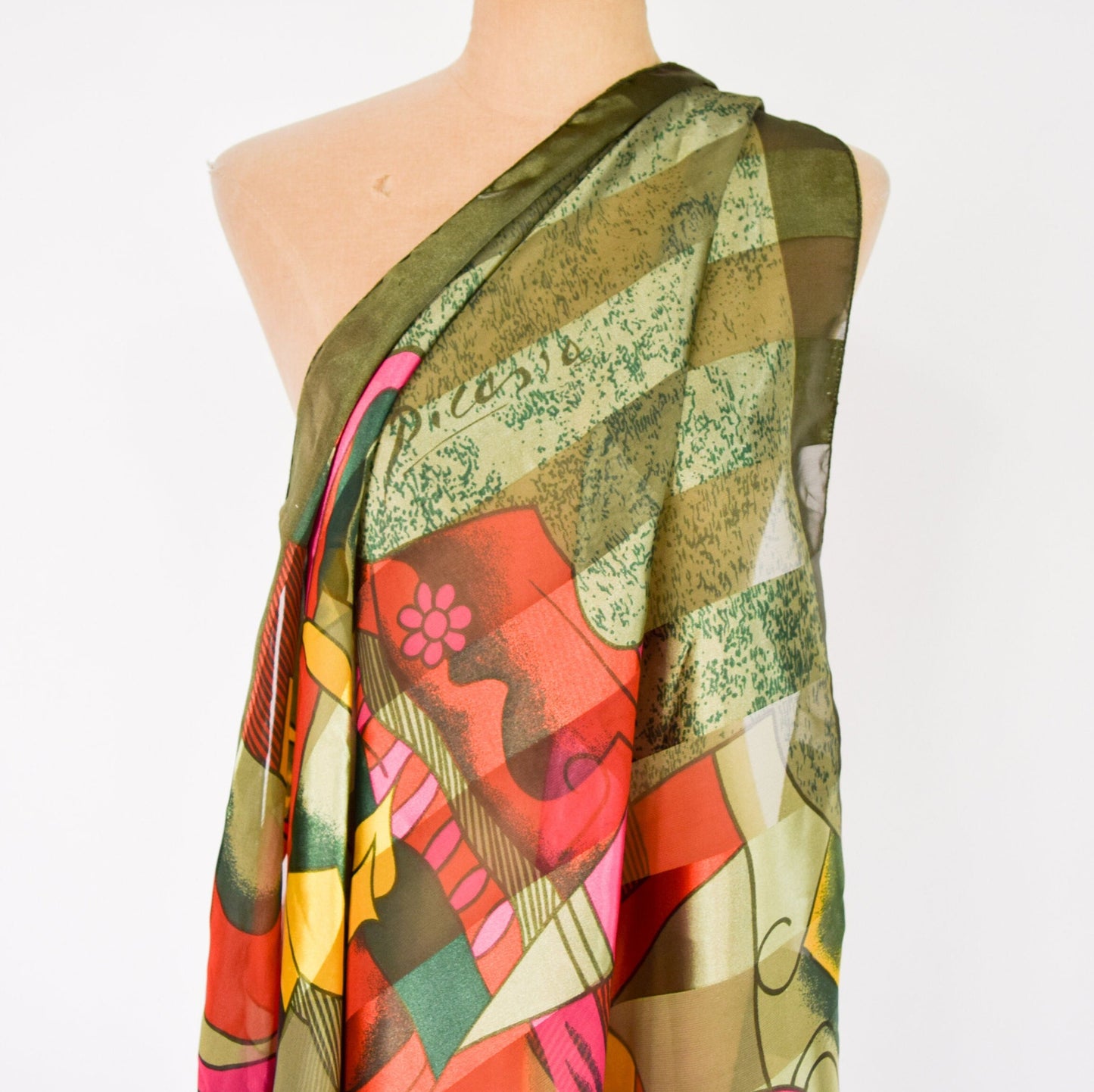 1980s Picasso Green Scarf | 80s Olive Green Print Scarf | Picasso
