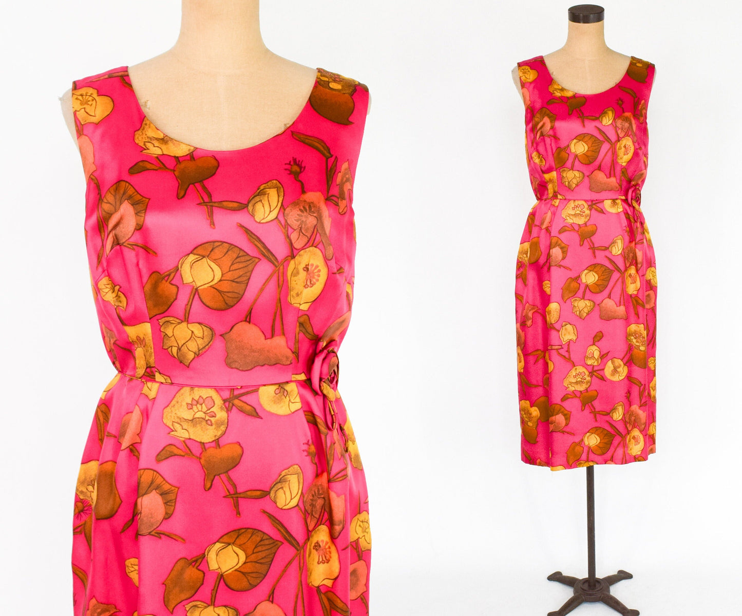1950s Fuchsia Pink Floral Wiggle Dress, Medium