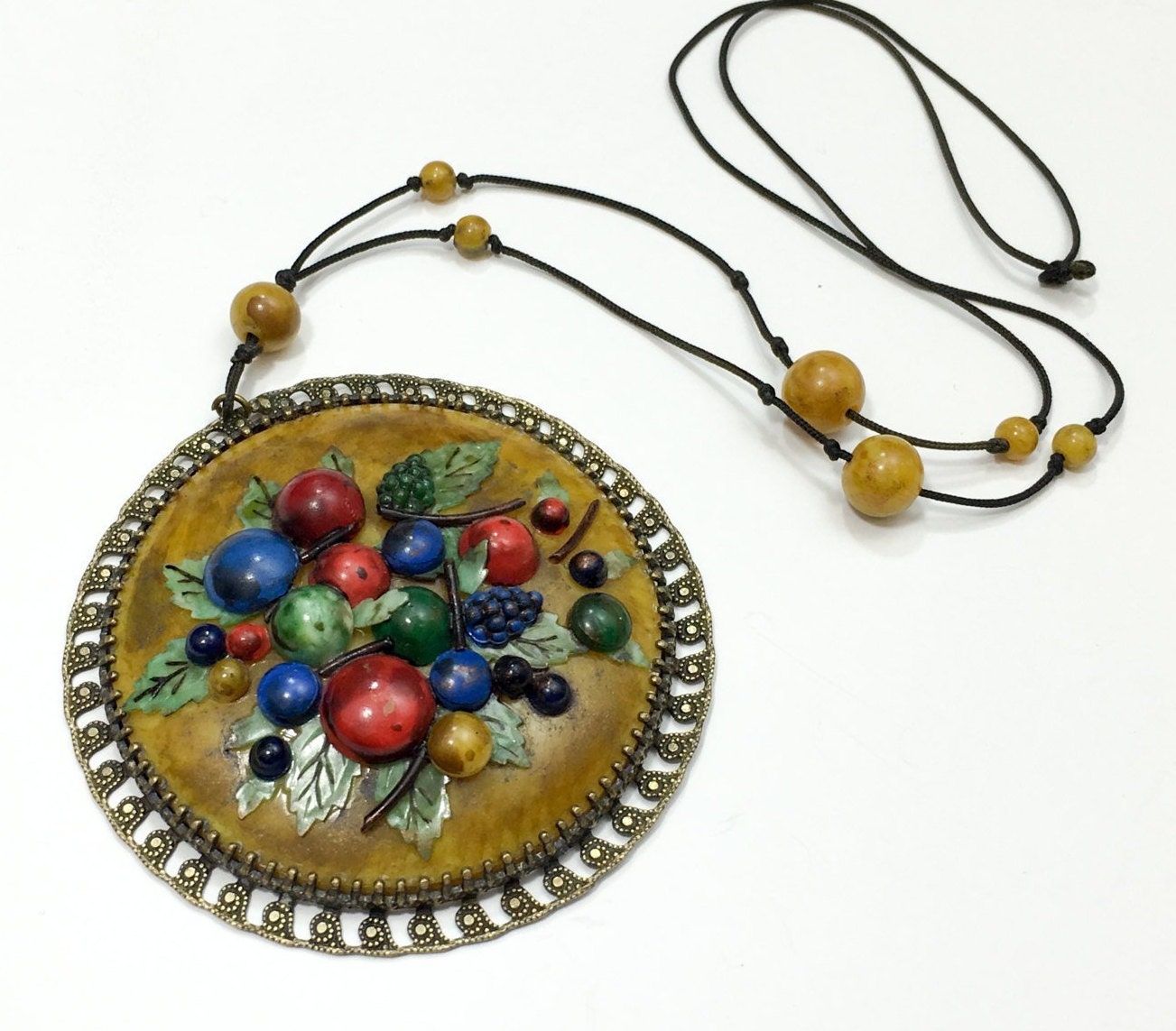 1900s Gold Celluloid Pendant Necklace | Golden Fruit Necklace