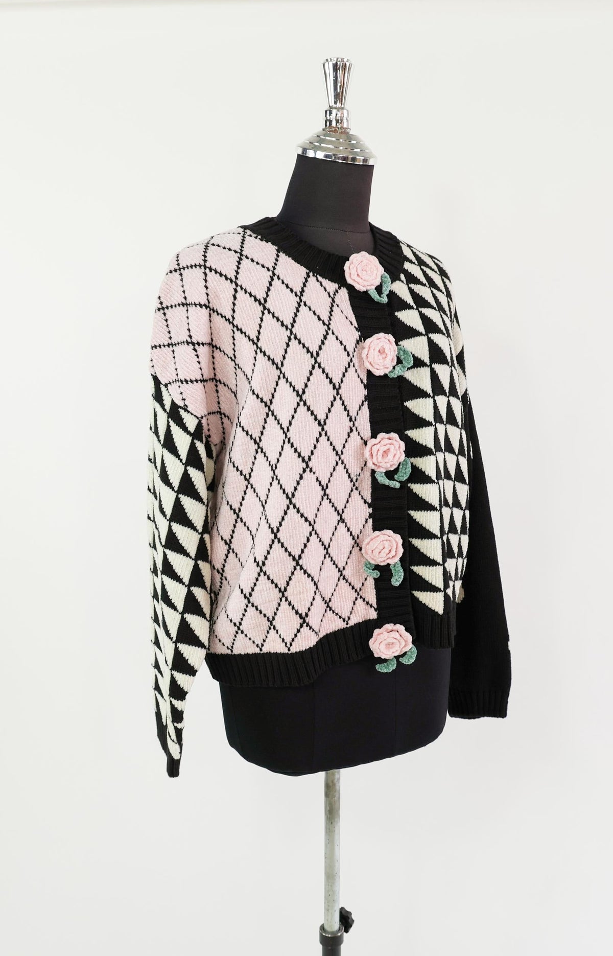 1980s Pink Black Geometric Chenille Cardigan, Large