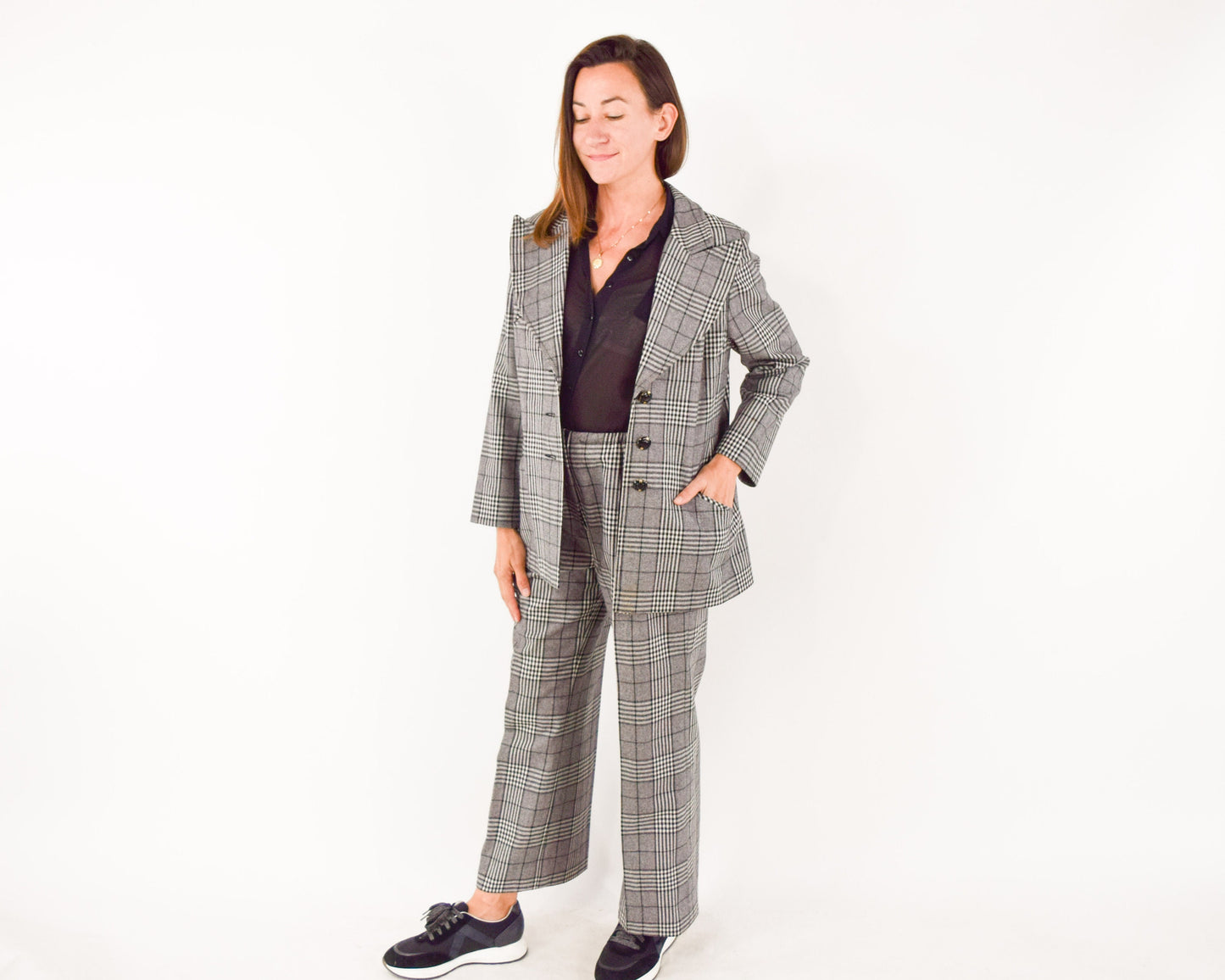 1970s Gray Plaid Wool Pantsuit, Jacket & Pants Set, Large