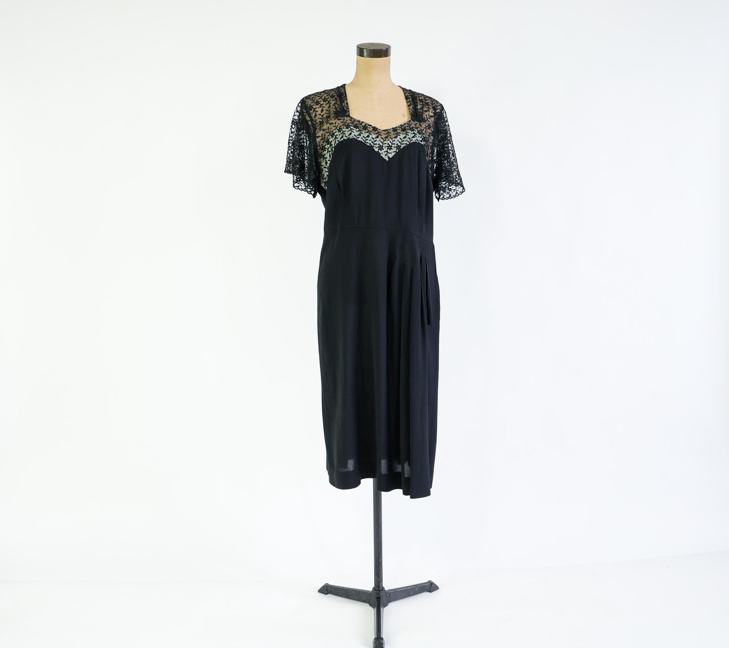 1940s Black Lace Crepe Dress, 34" Waist