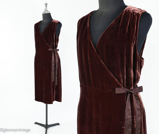 2000s Chocolate Brown Velvet Wrap Dress, Large