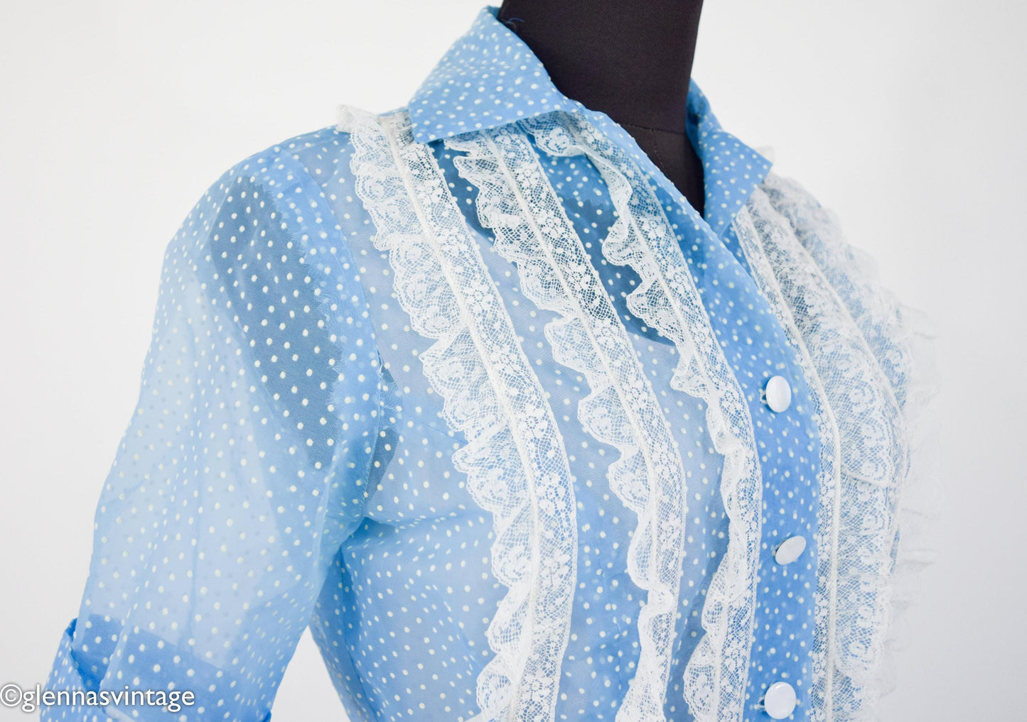 1950s Blue Dotted Swiss Dress with White Lace Trim, Small