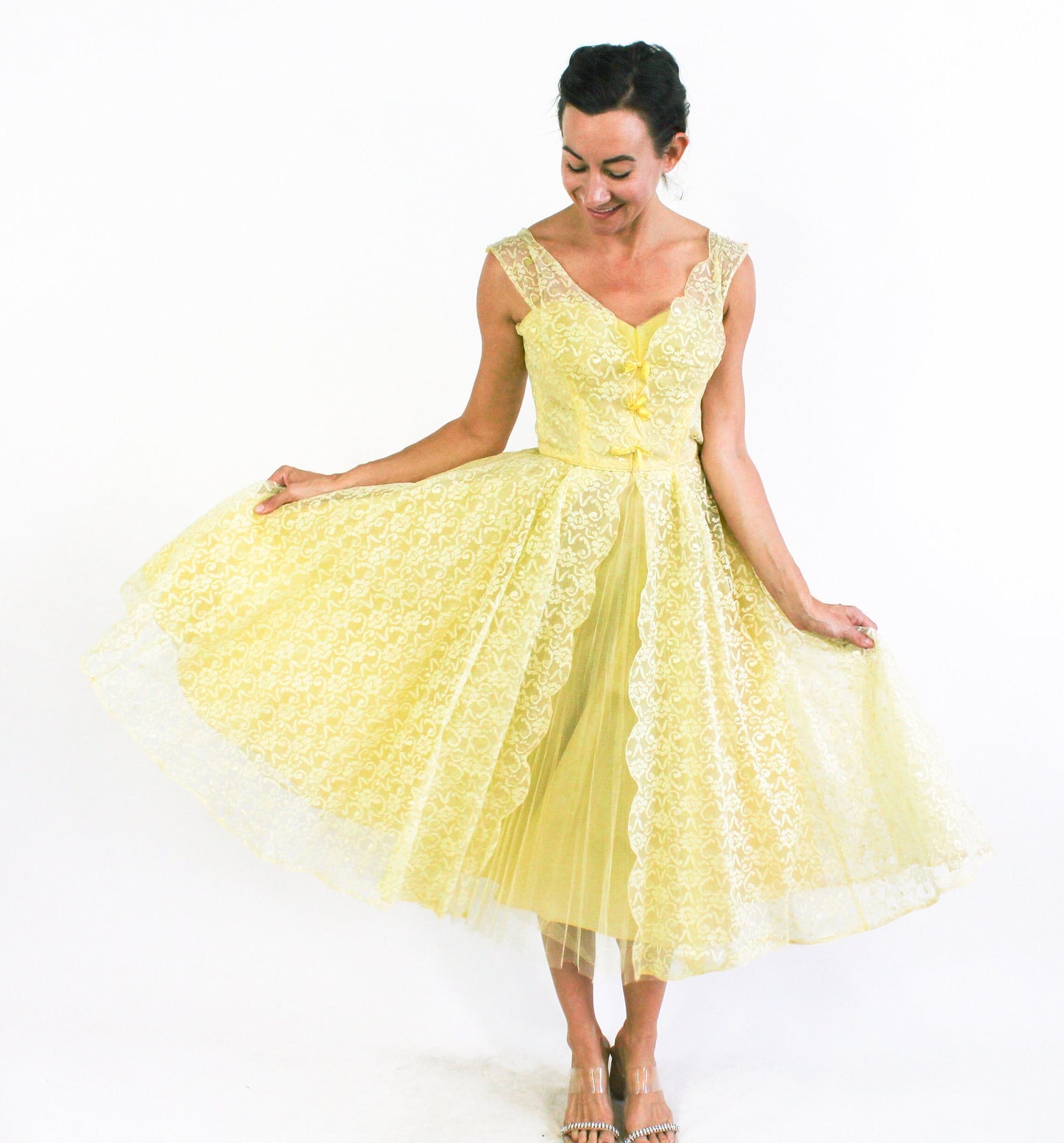 1940s Yellow Lace & Tulle Evening Dress, Extra Small