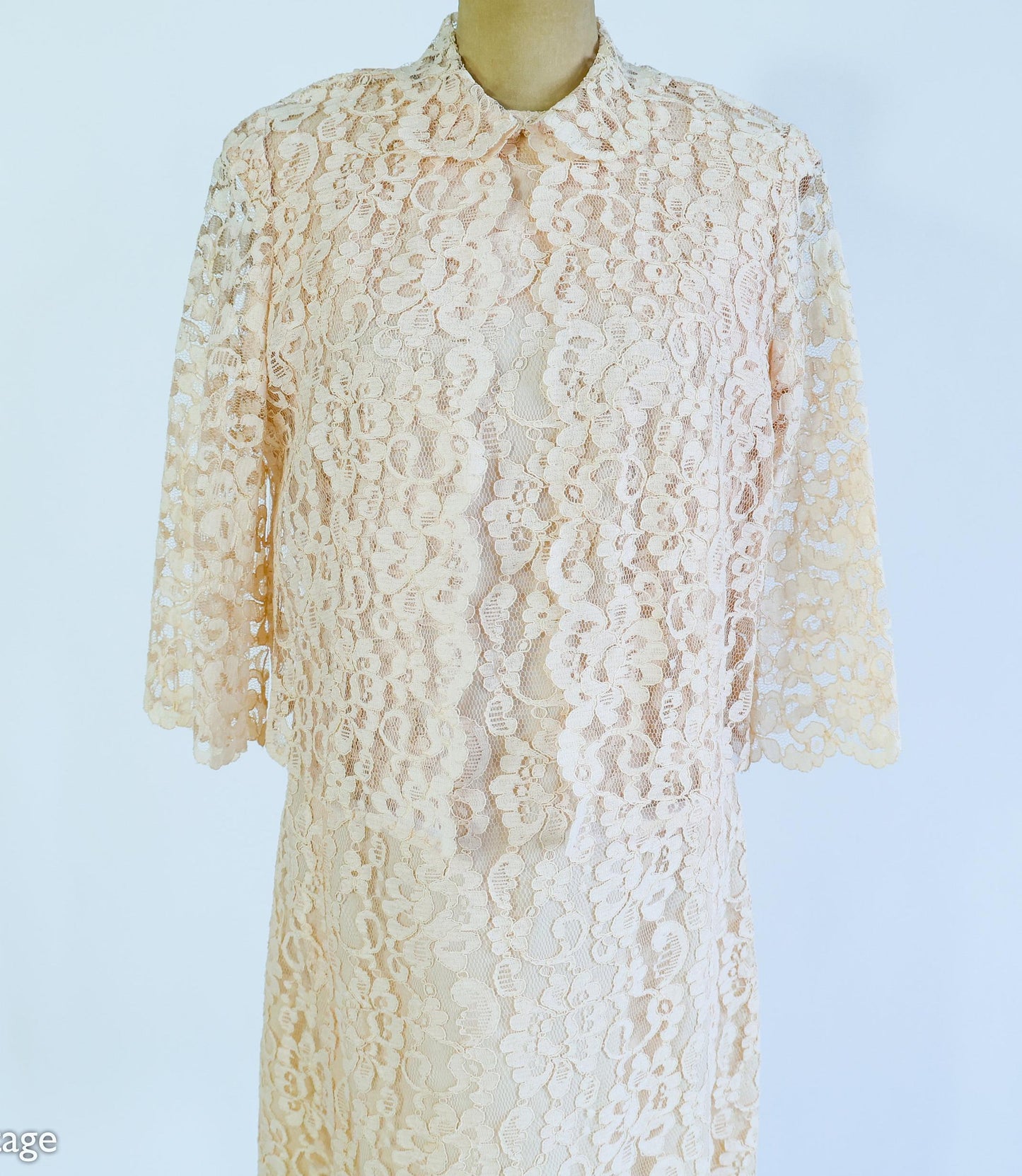 1960s Peach Lace Dress & Jacket Set, Wedding Ensemble, Large