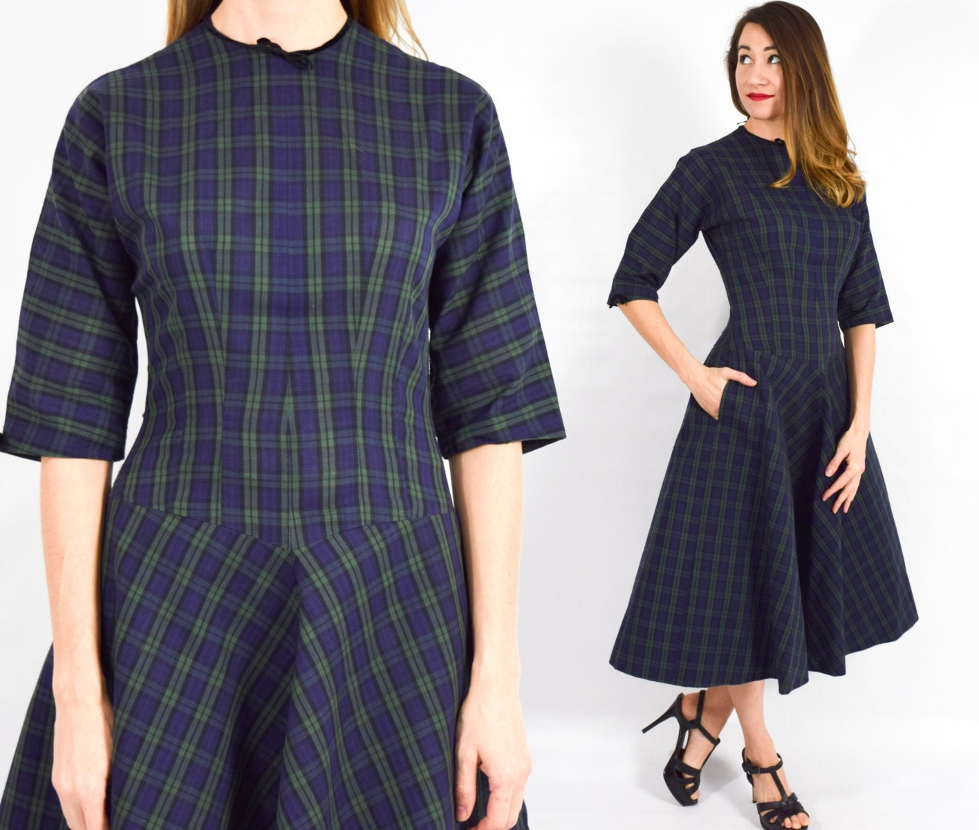 1950s Navy & Green Plaid Cotton Dress, Medium