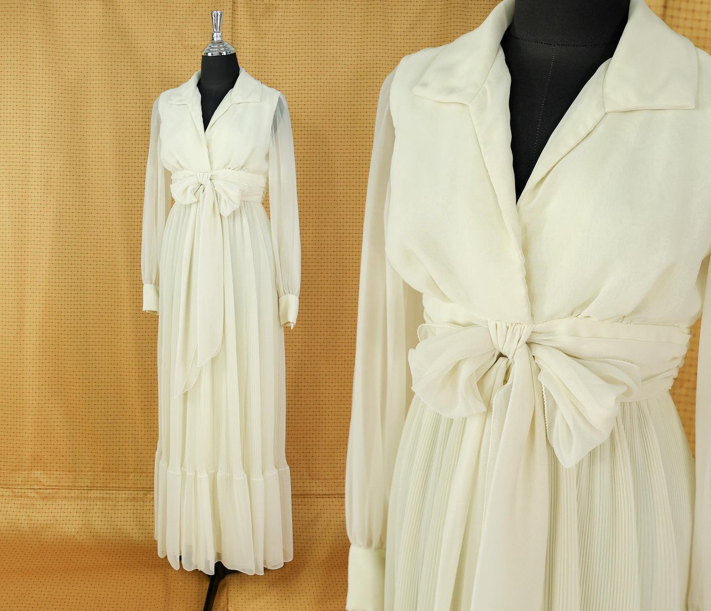 1970s Ivory Chiffon Wedding Dress, Romantic Pleated Maxi Gown, Small