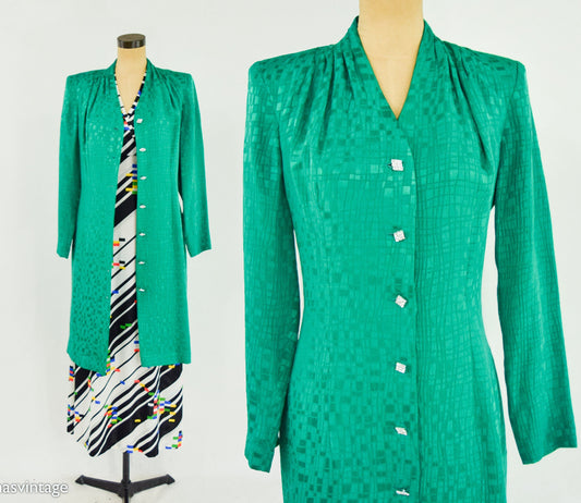 1980s Emerald Green Silk Dress | Vintage Rhinestone Button Front