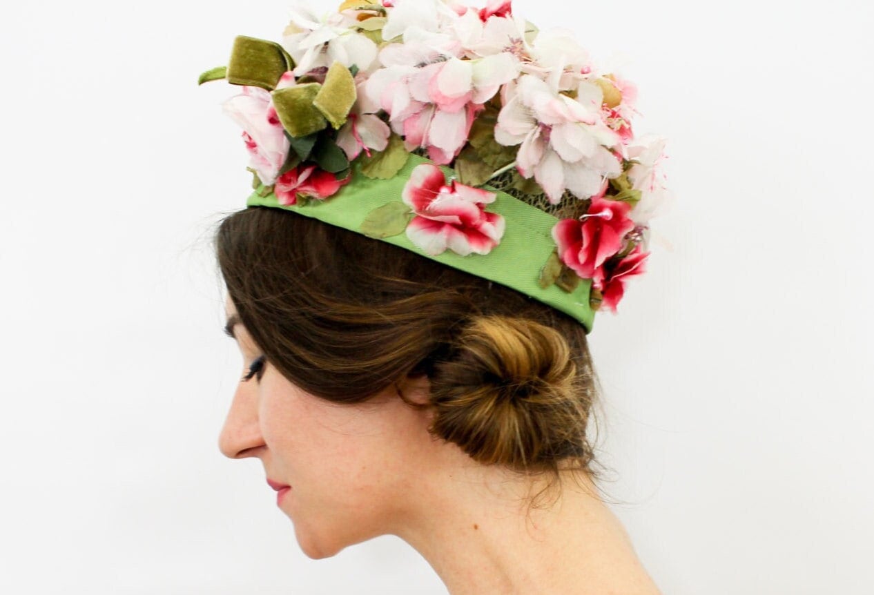 1960s Pink & Green Silk Flower Hat