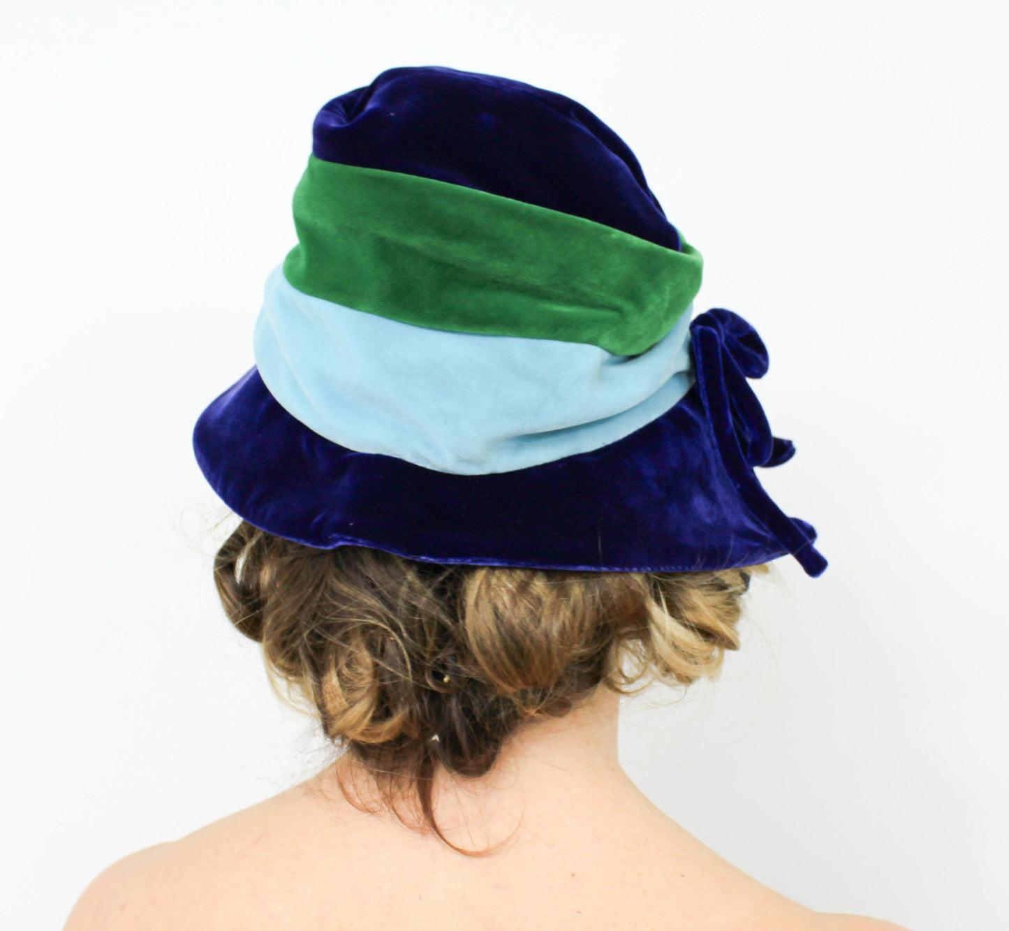 Dachettes | 1960s Blue Velvet Slouch Hat | 60s Blue & Green Striped Hat | Dachettes