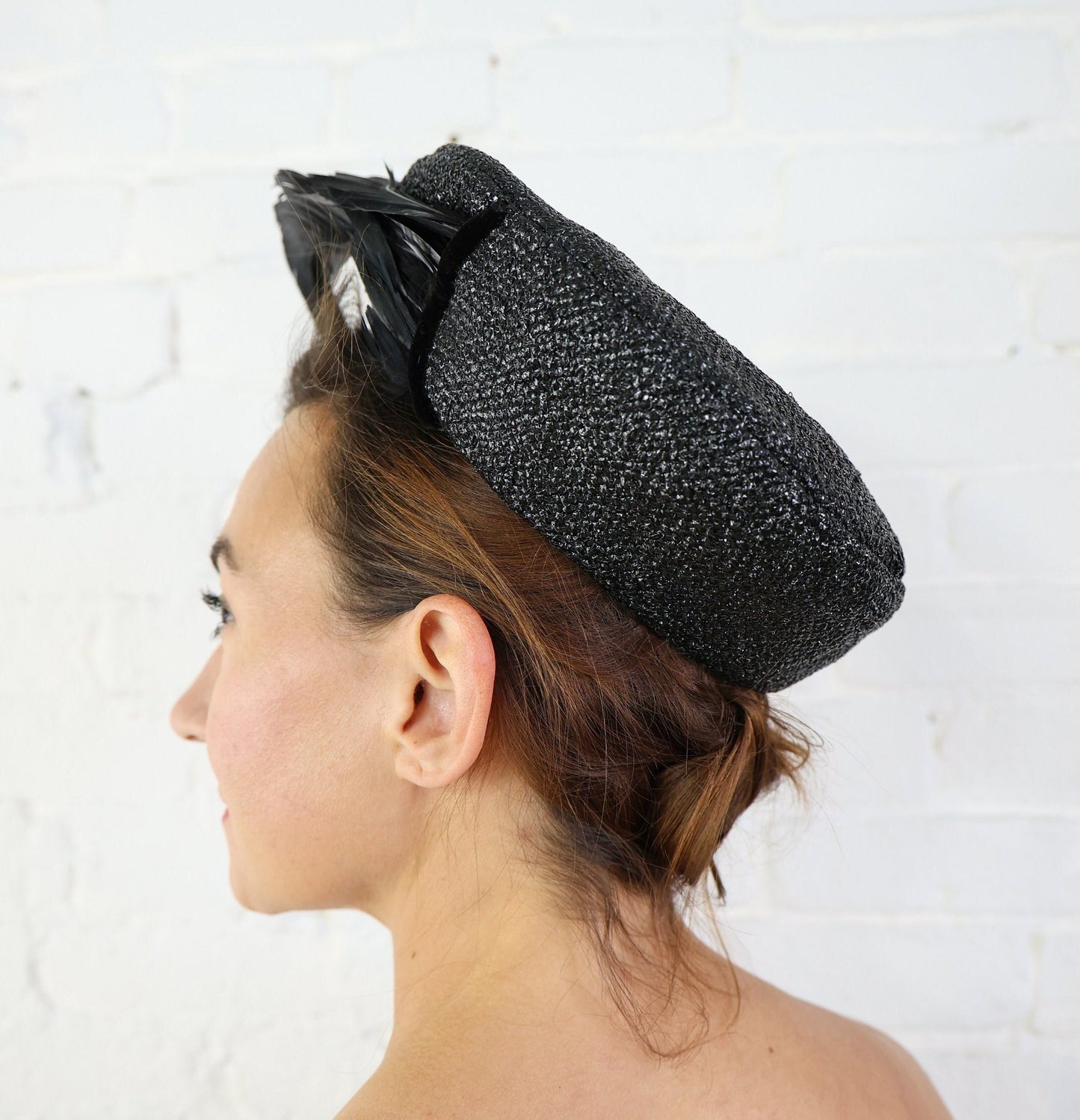 1950s Black Feather Fascinator, Woven Raffia Hat With Feathers