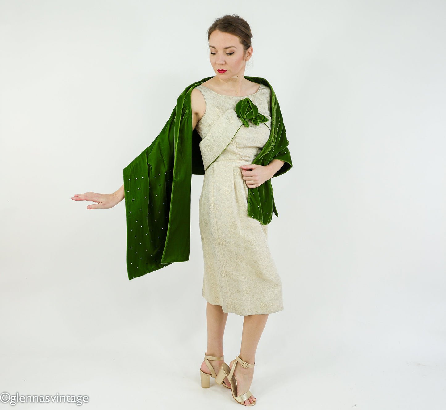 1950s Vintage Brocade Cocktail Dress with Green Velvet Rhinestone Shawl | Medium