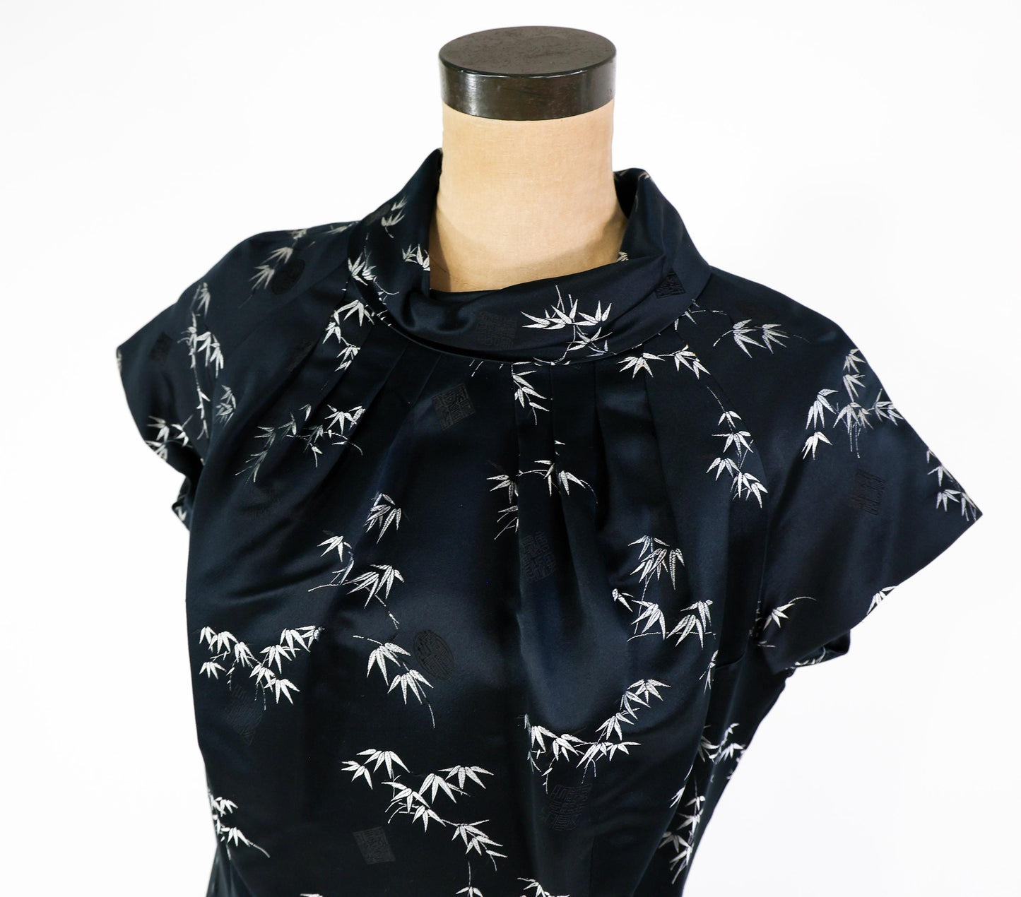 1950s Black & Silver Silk Evening Dress, Long Cheongsam Style Evening Dress, Large