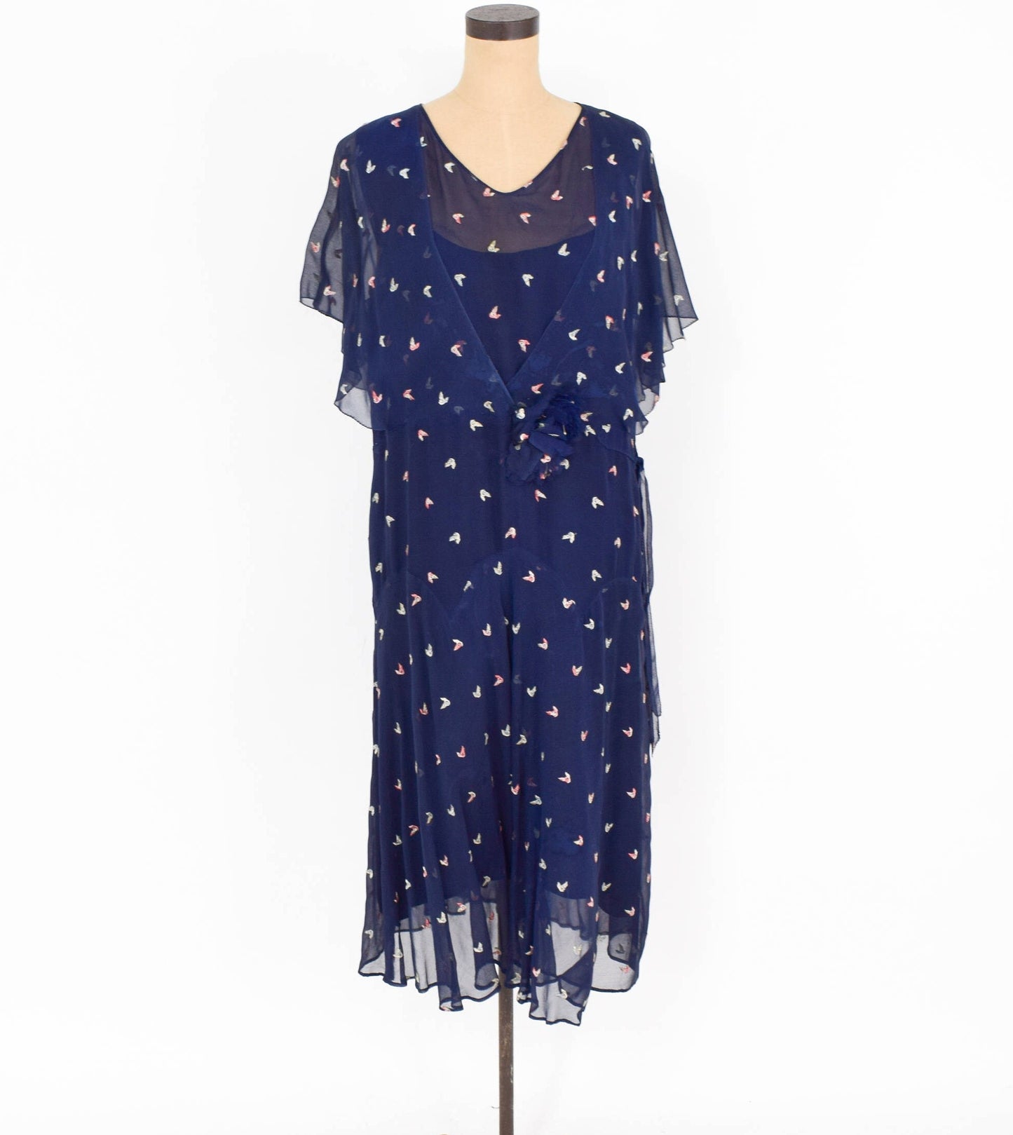 1920s Navy Chiffon Dress with Embroidered Flutter Sleeve, Medium