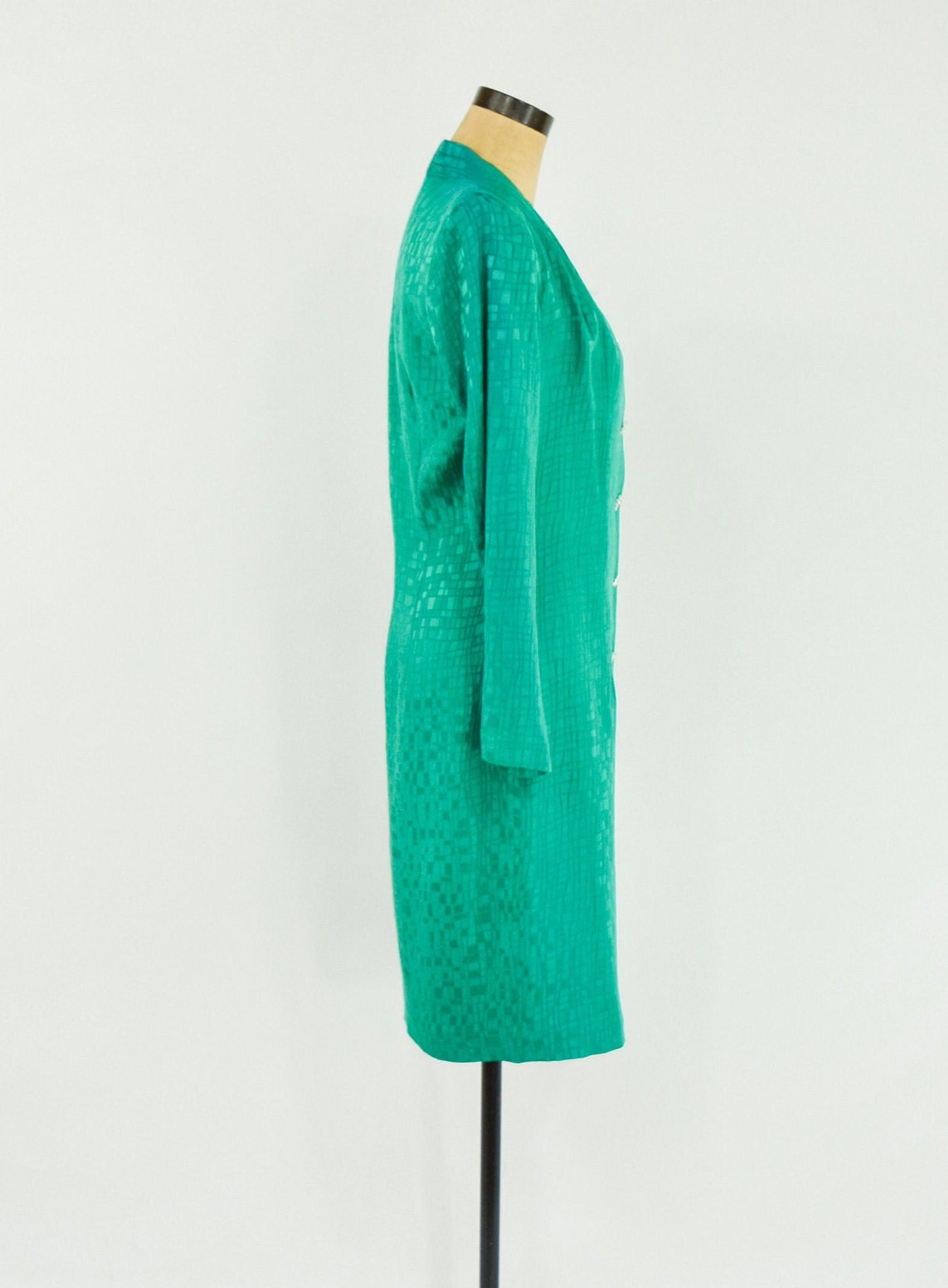 1980s Emerald Green Silk Dress | Vintage Rhinestone Button Front