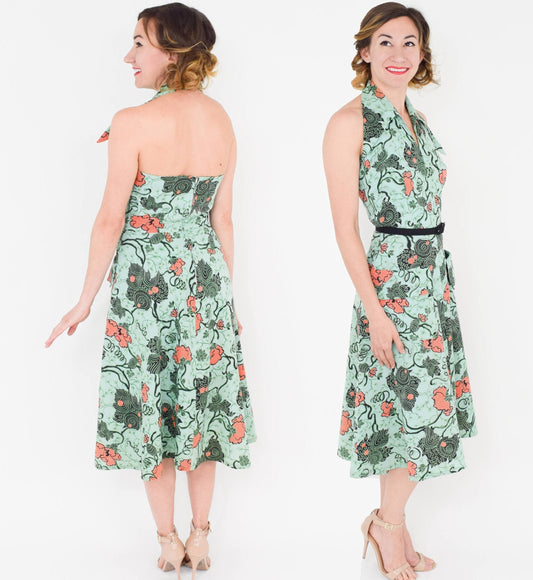 1950s Green Floral Halter Dress, Small