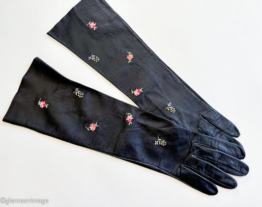1950s Black Leather Opera Gloves, Small