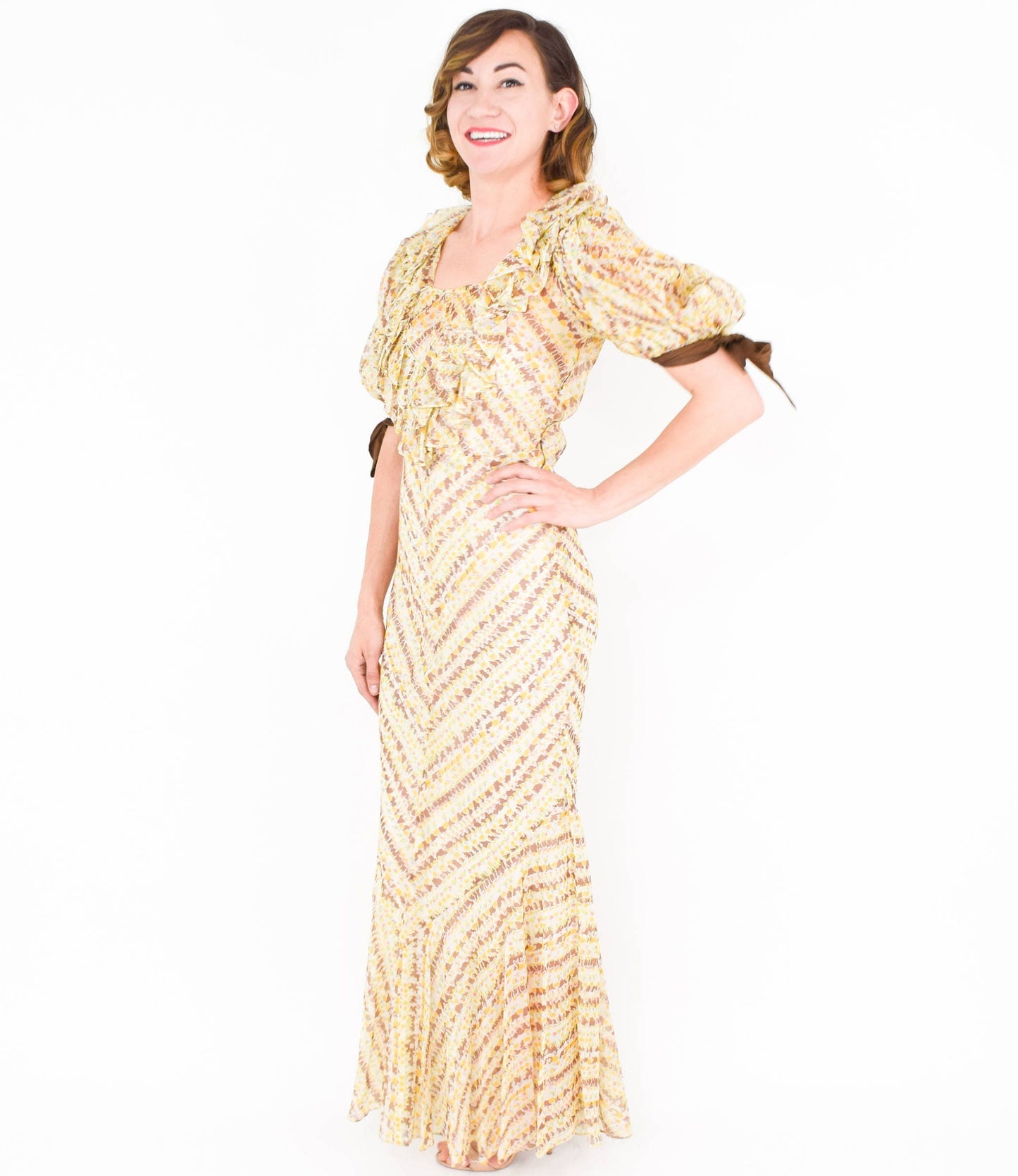 1930s Yellow Floral Print Organza Dress with Ruffle Trim, Small