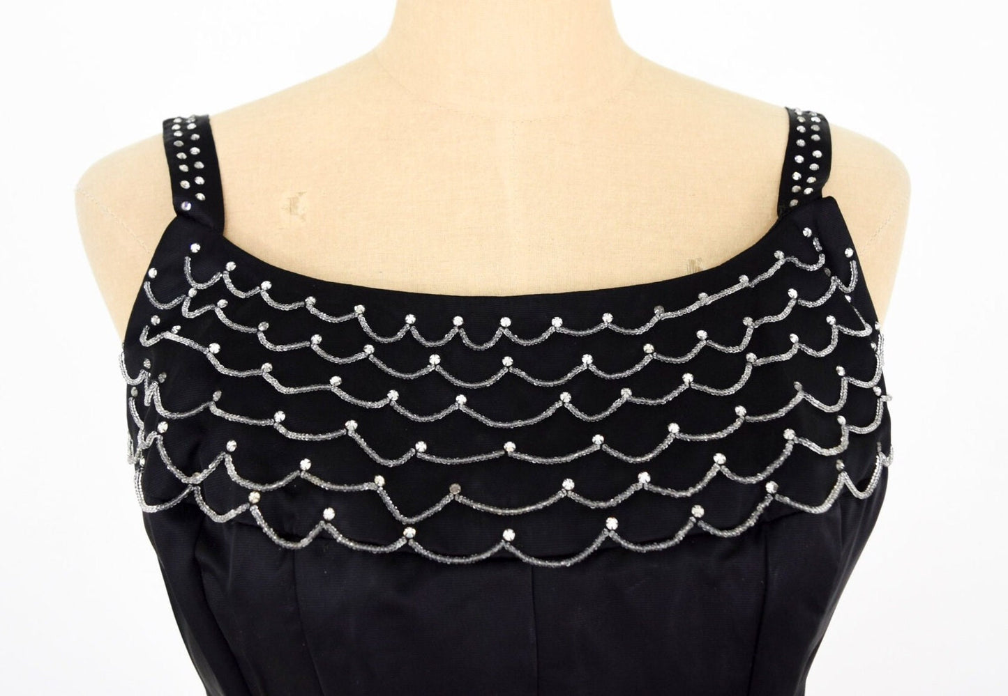 1950s Black Satin Cocktail Dress with Rhinestone Detail, Medium