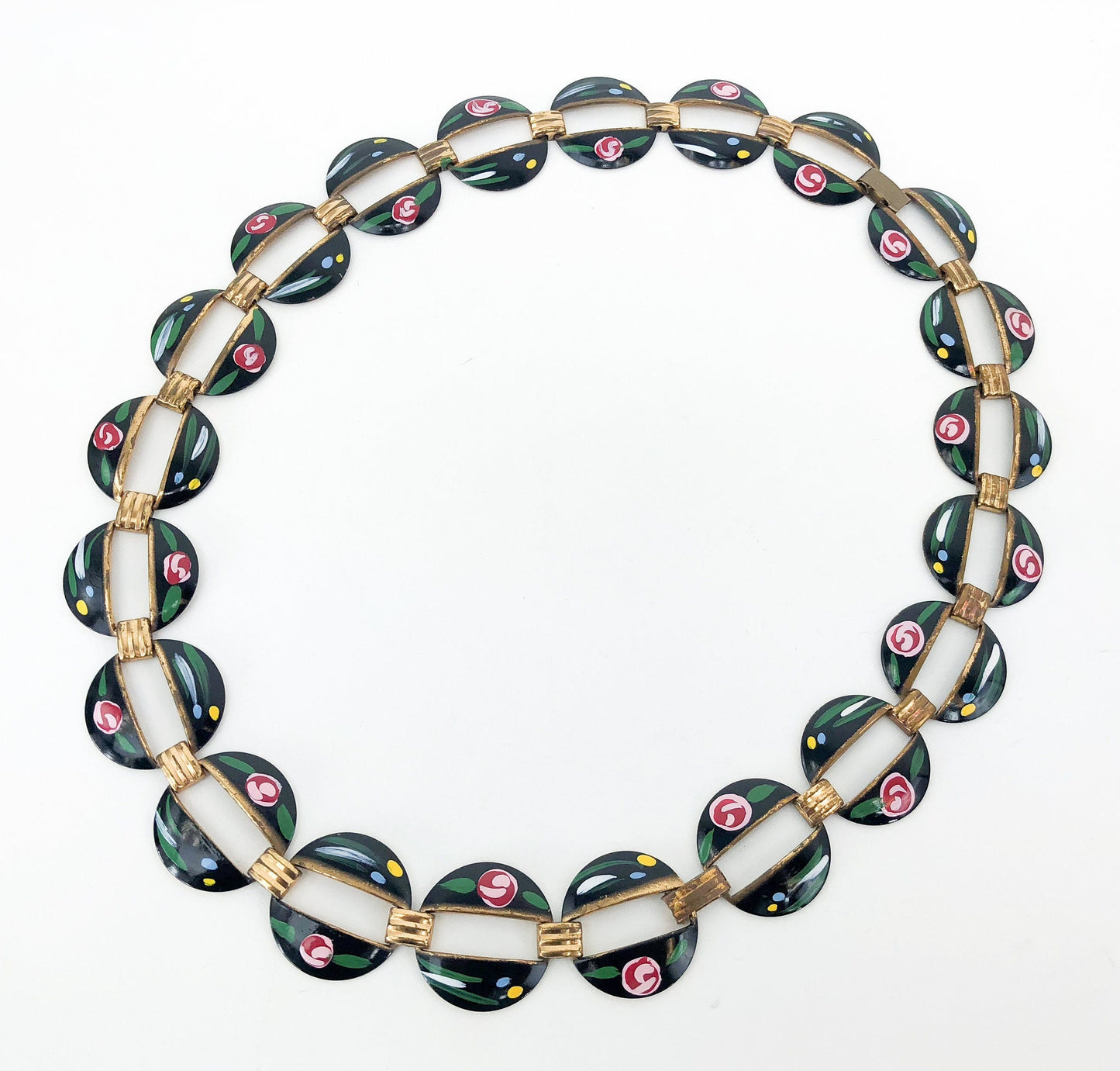 1950s Vintage Copper Enamel Necklace | Floral Painted Copper Choker