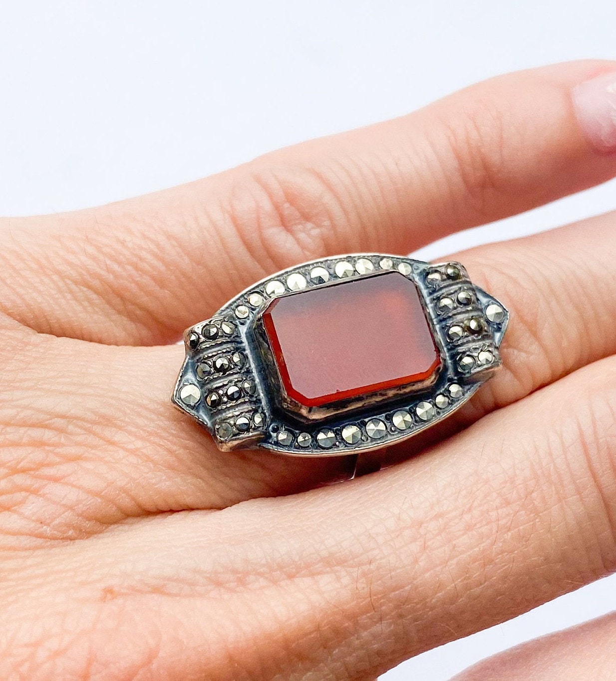 1940s Art Deco Carnelian Marcasite Sterling Silver Ring,Size 5 3/4