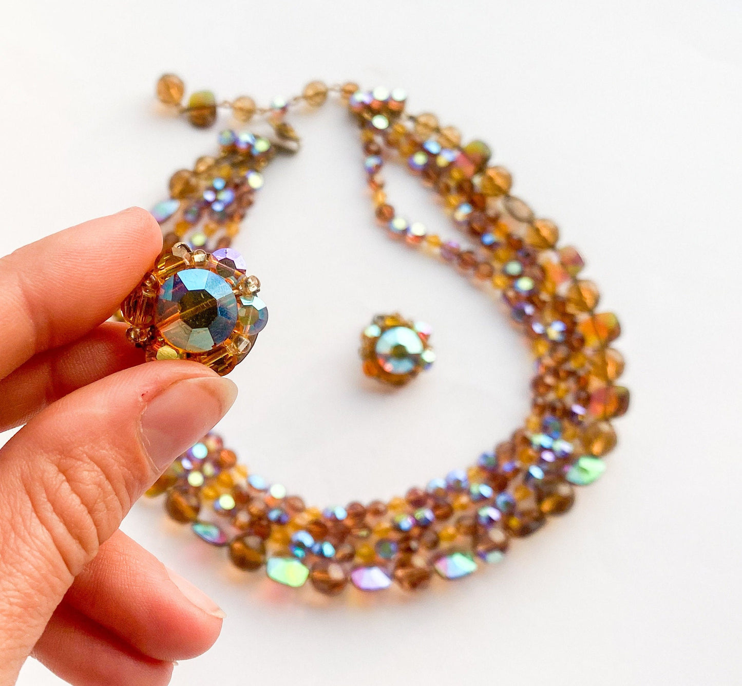 1950s Gold Crystal Necklace Set & Clip Earrings Set, De Mario Jewelry Set