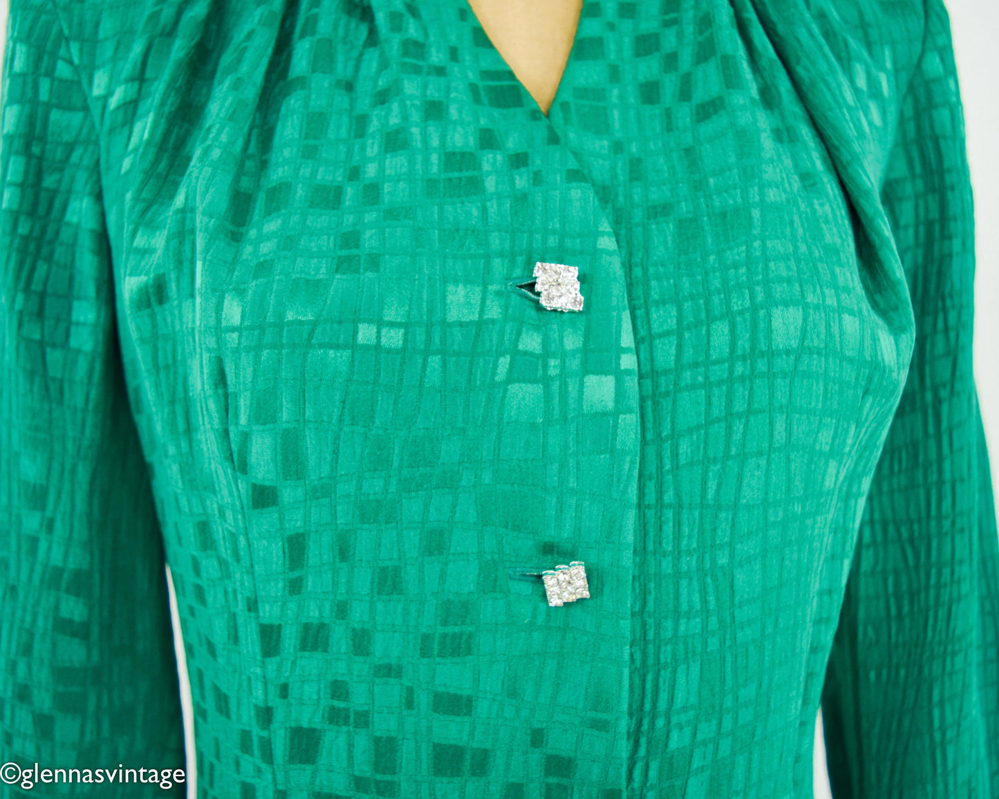 1980s Emerald Green Silk Dress | Vintage Rhinestone Button Front
