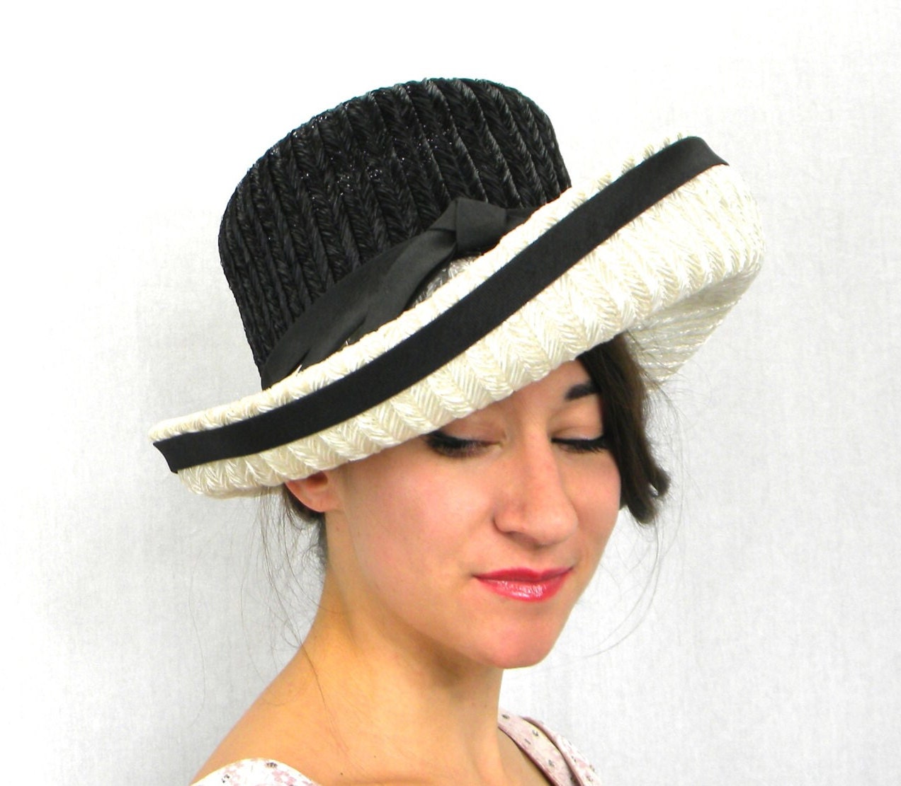 1960s Black White Raffia Wide Brim Hat