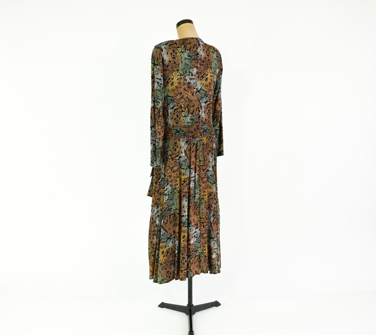 1980s Brown Floral Print Dress, Extra Large, Waist up to 36"