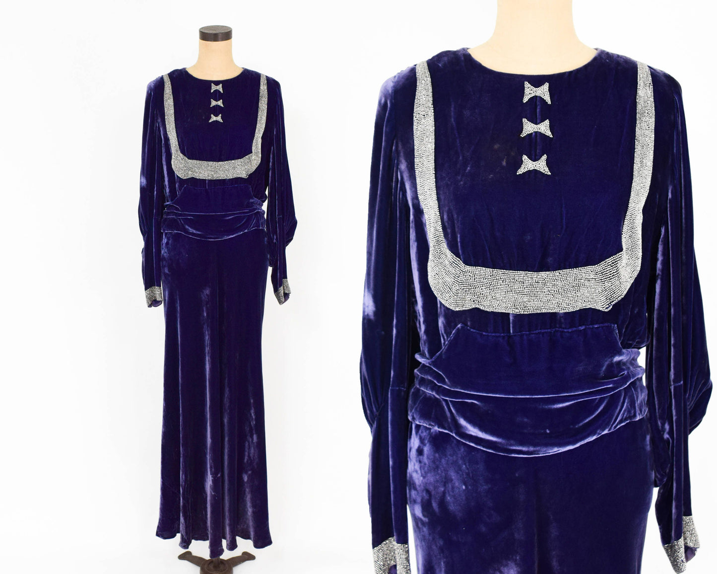 1900s Purple Silk Velvet Gown, Beaded Evening Dress, Medium Large