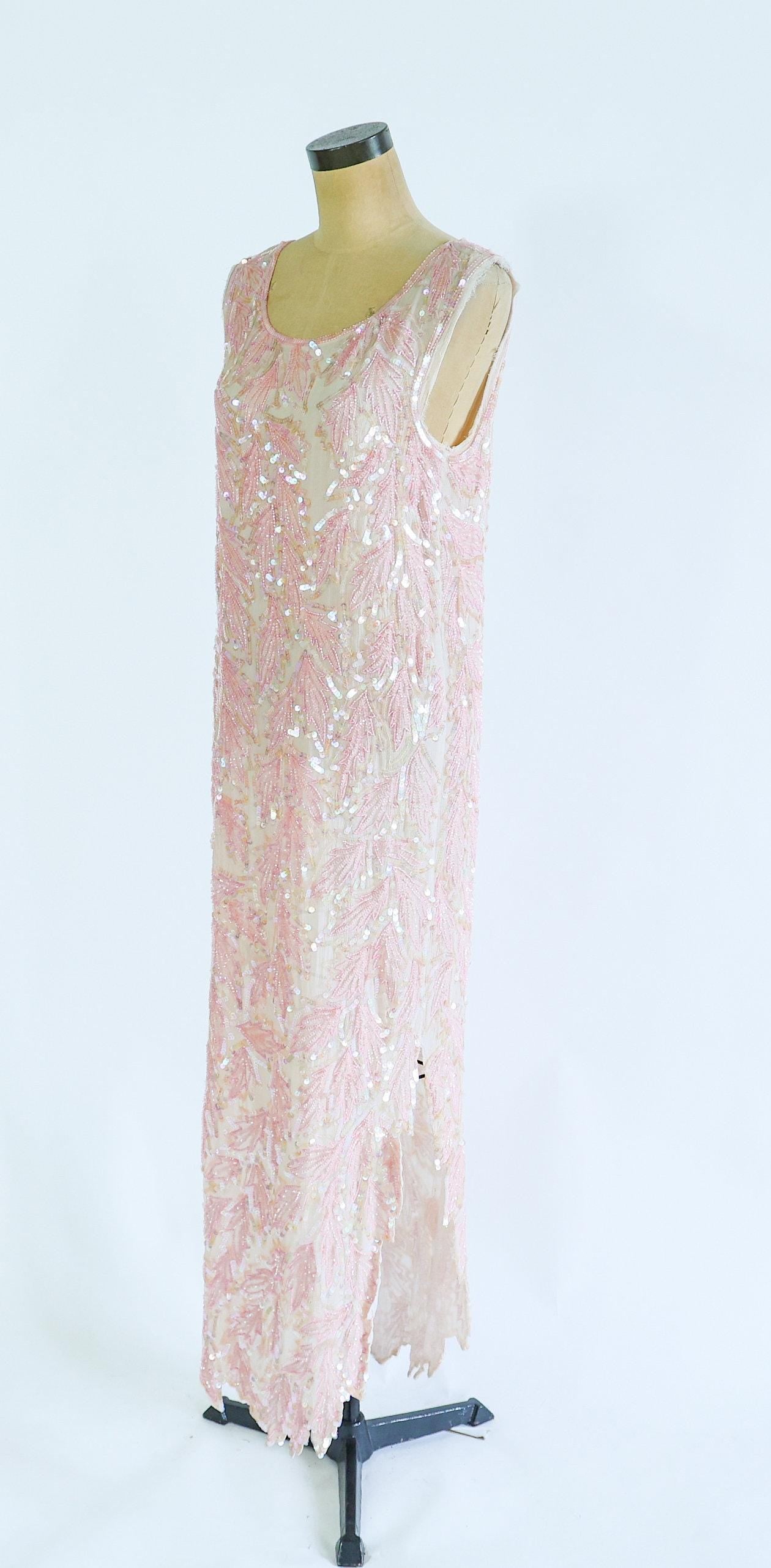 1980s Pink Silk Sequin Dress | 80s Pink Iridescent Sequin Evening Dress | Medium