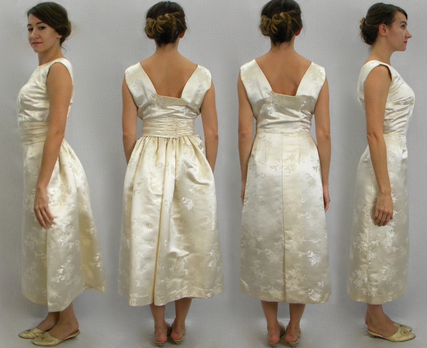 1950s Creme Silk Satin Dress, Small