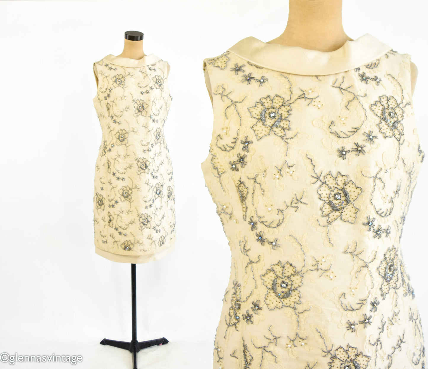 1960s Beaded Silk Cocktail Dress | Vintage Floral Lace, Medium