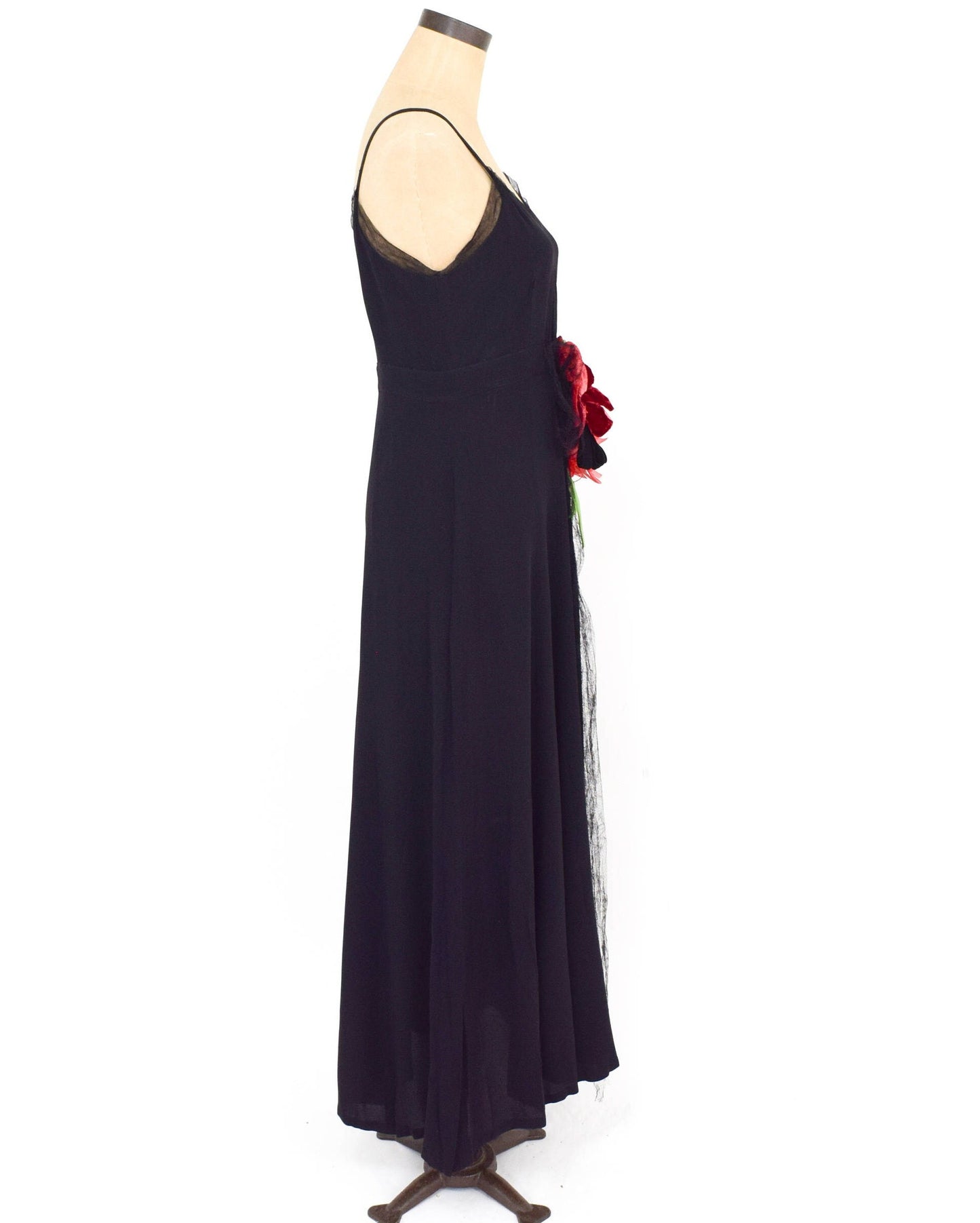 1930s Black Silk Crepe Evening Dress with Red Velvet Flower, Medium
