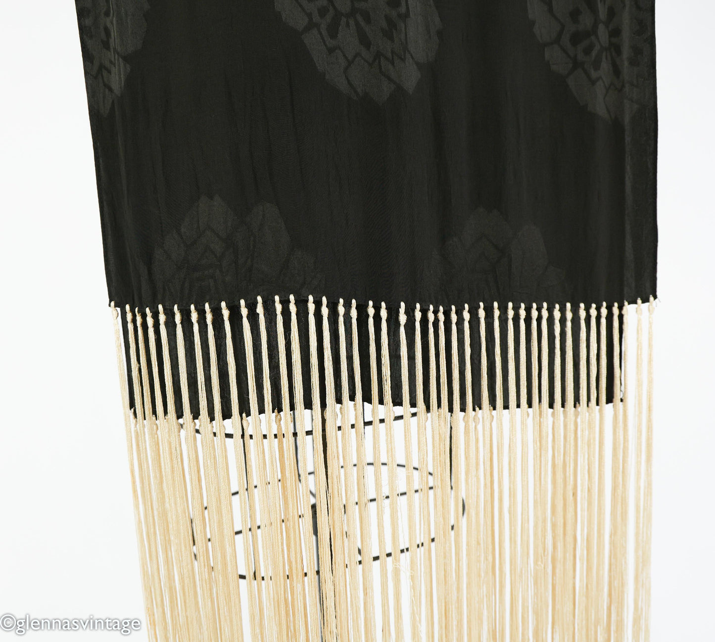 1920s Black Silk Scarf with Long Creme Fringe