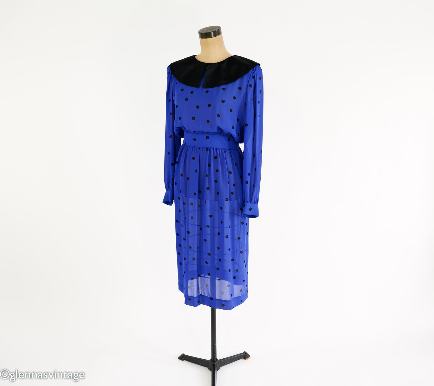 1980s Albert Nipon Blue Polka Dot Chiffon Dress, Small