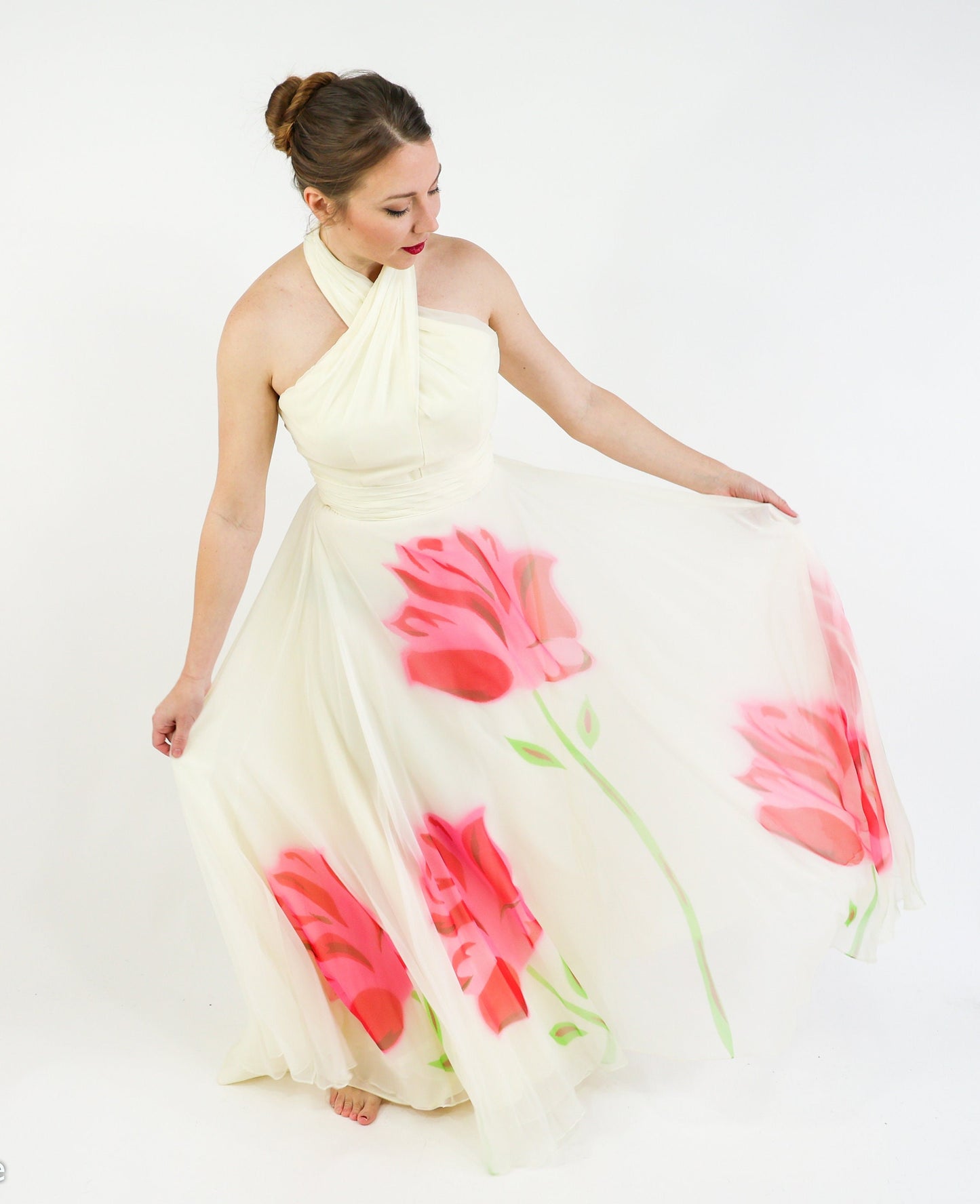 1950s Creme & Pink Silk Floral Evening Dress, Small